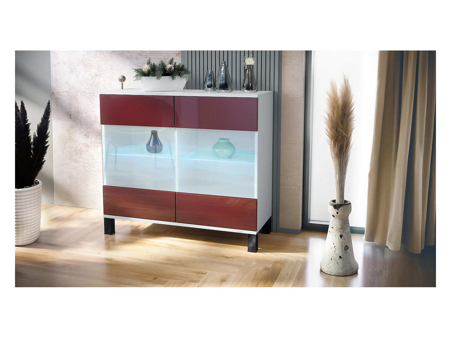 Commode Bari V3, Armoire de cuisine moderne avec 2 grandes portes vitrées incl. éclairage RGB blanc mat / bordeaux haute brillance (92,5 x 84.5 x 35)