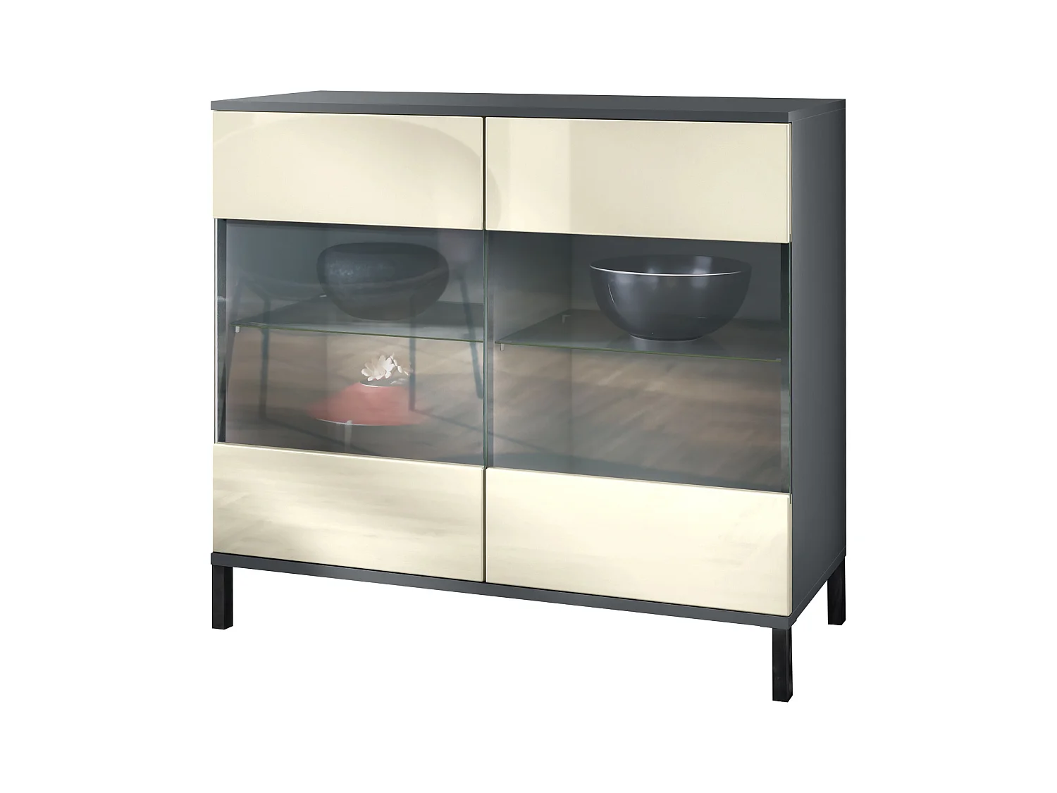 Commode Bari V3, Armoire de cuisine moderne avec 2 grandes portes vitrées anthracite mat / crème haute brillance (92,5 x 83.5 x 35)
