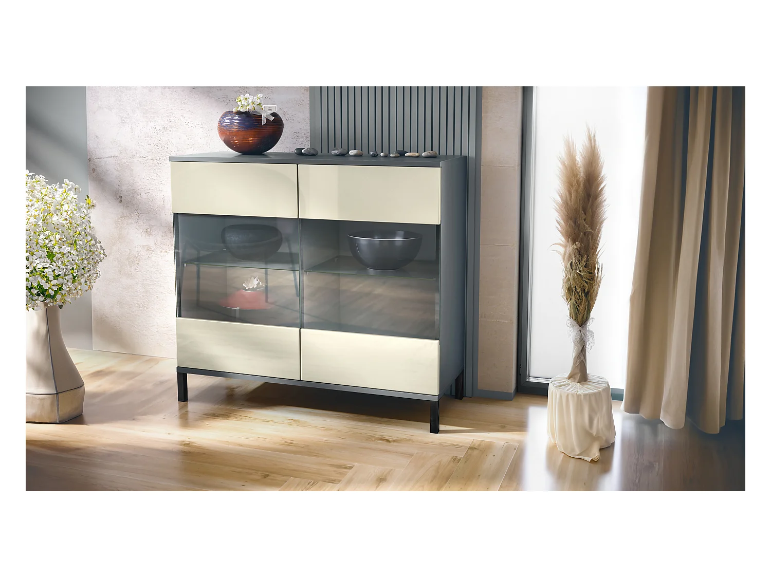 Commode Bari V3, Armoire de cuisine moderne avec 2 grandes portes vitrées anthracite mat / crème haute brillance (92,5 x 83.5 x 35)