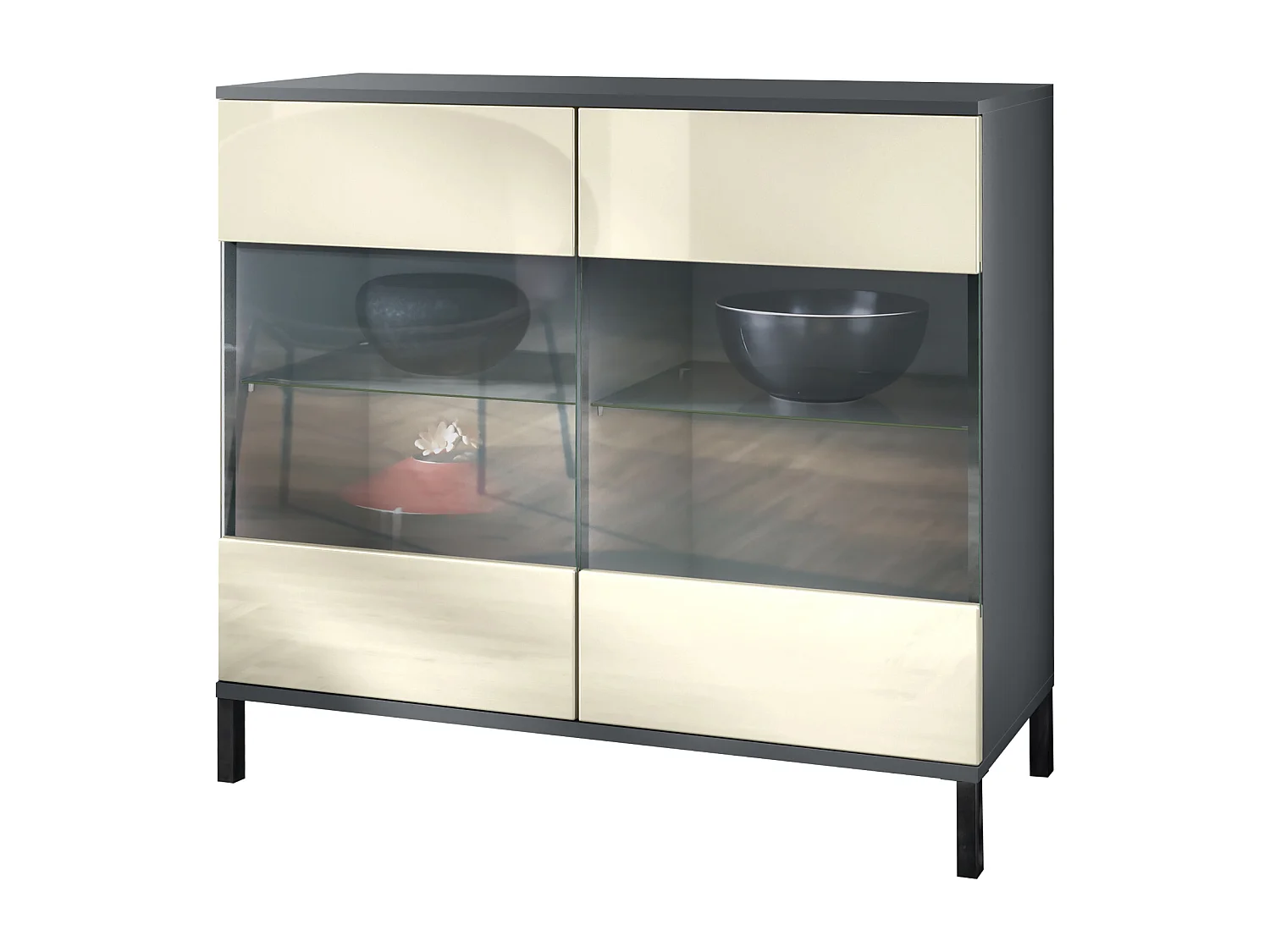 Commode Bari V3, Armoire de cuisine moderne avec 2 grandes portes vitrées anthracite mat / crème haute brillance (92,5 x 83.5 x 35)