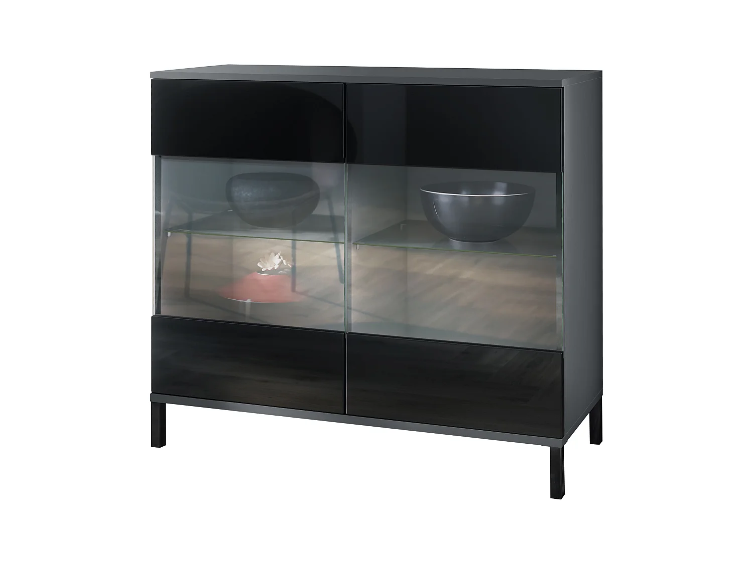 Commode Bari V3, Armoire de cuisine moderne avec 2 grandes portes vitrées anthracite mat / noir haute brillance (92,5 x 83.5 x 35)