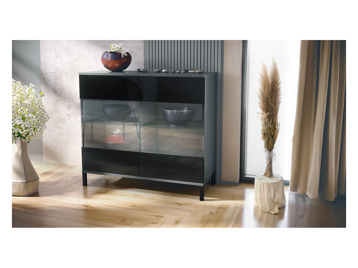 Commode Bari V3, Armoire de cuisine moderne avec 2 grandes portes vitrées anthracite mat / noir haute brillance (92,5 x 83.5 x 35)