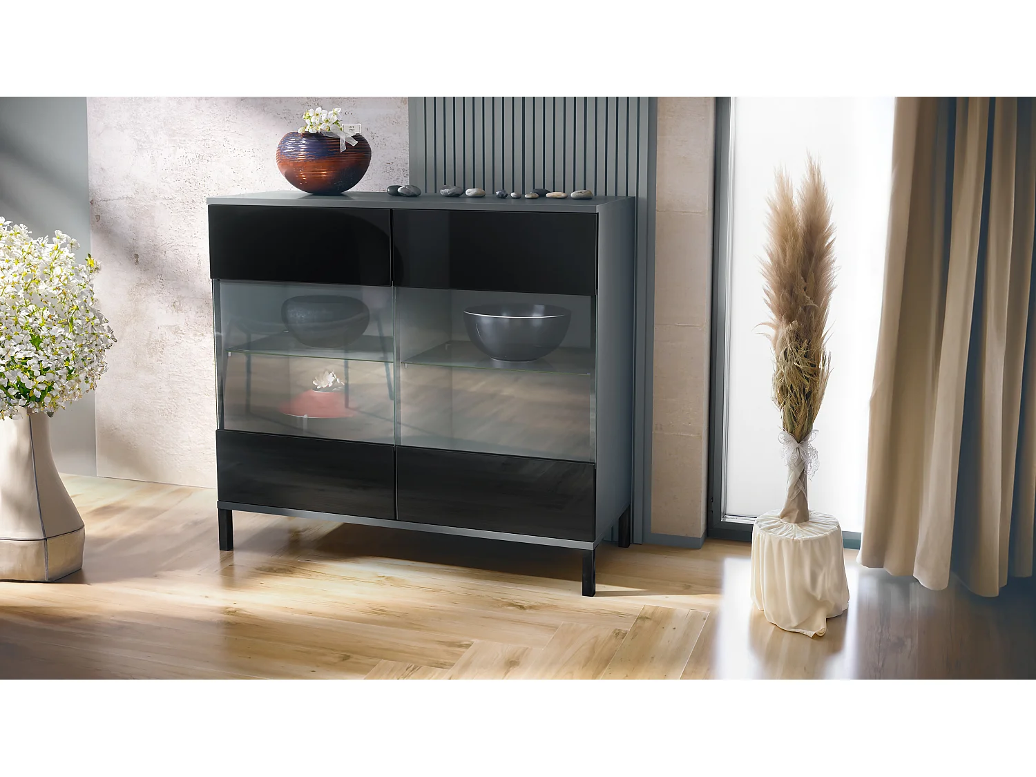 Commode Bari V3, Armoire de cuisine moderne avec 2 grandes portes vitrées anthracite mat / noir haute brillance (92,5 x 83.5 x 35)