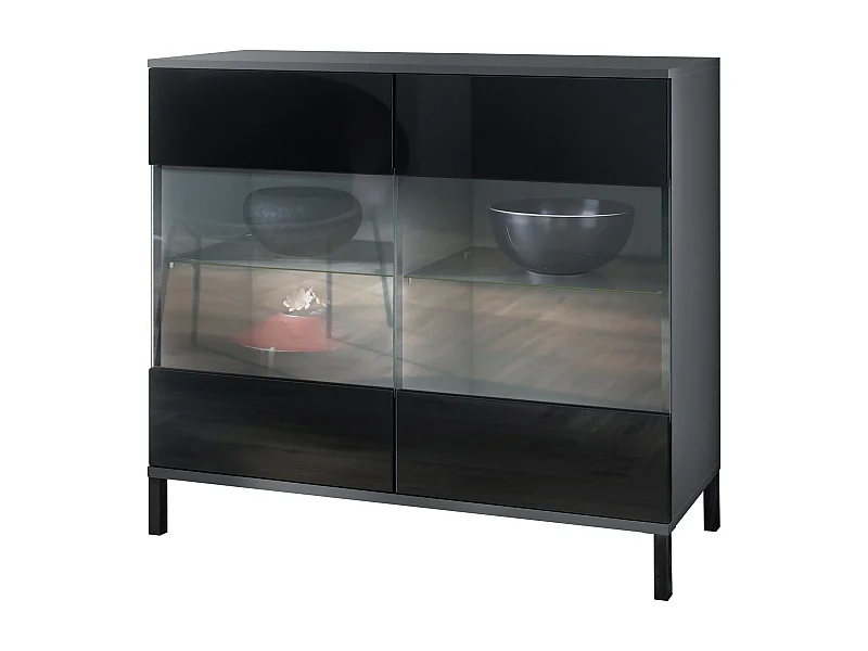 Commode Bari V3, Armoire de cuisine moderne avec 2 grandes portes vitrées anthracite mat / noir haute brillance (92,5 x 83.5 x 35)