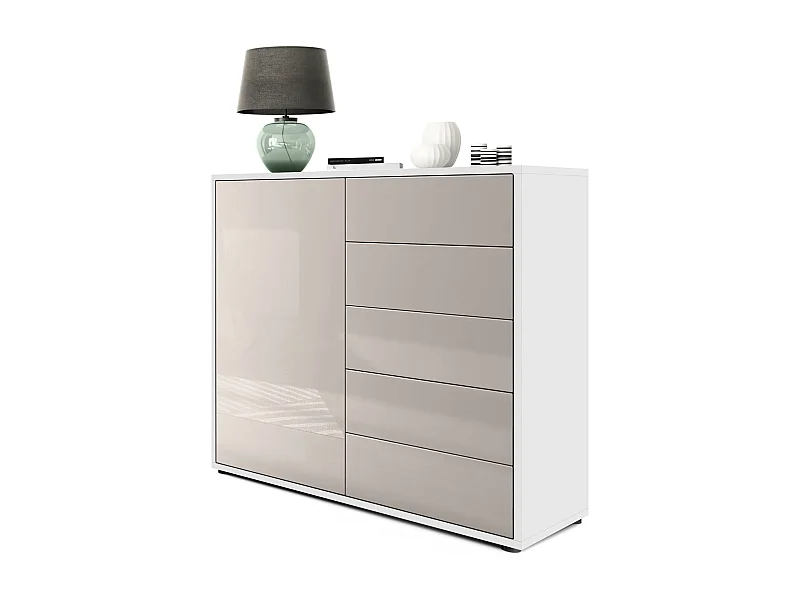 Madia  Ben V2, mobile con 1 anta e 5 cassetti, bianco opaco/grigio sabbia lucido (79 x 74 x 36 cm)