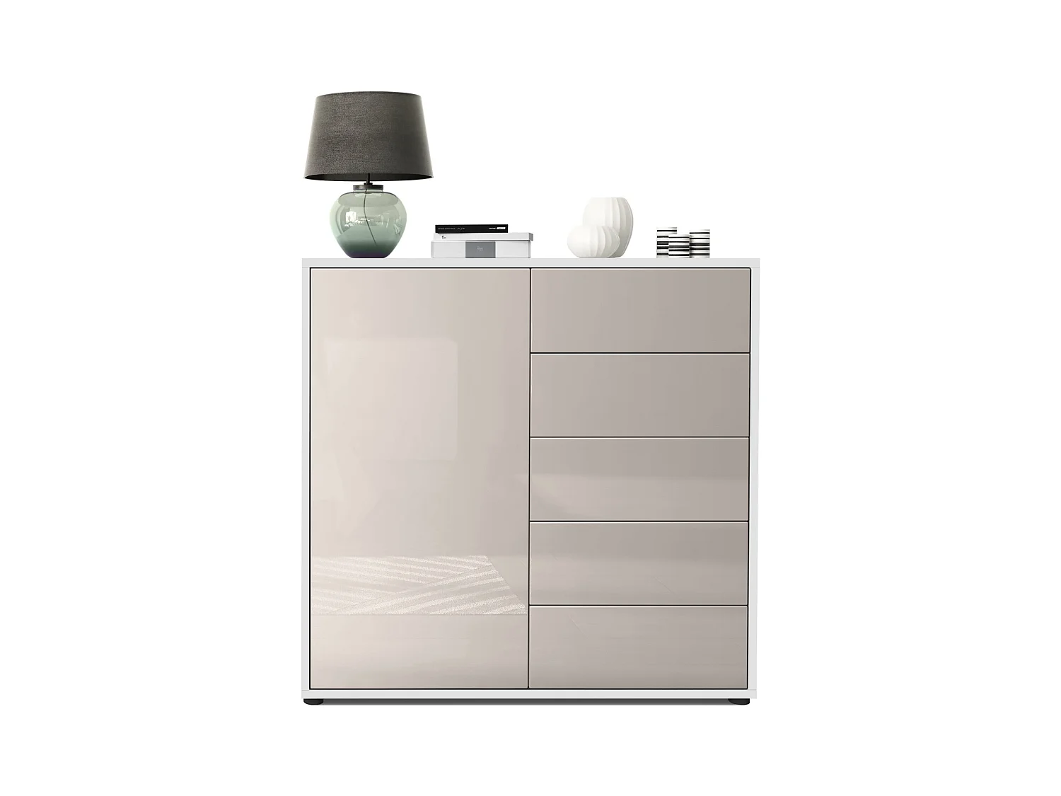 Buffet Ben V2, Commode avec 1 portes et 5 tiroirs, Blanc mat/Gris sable haute brillance (79 x 74 x 36 cm)