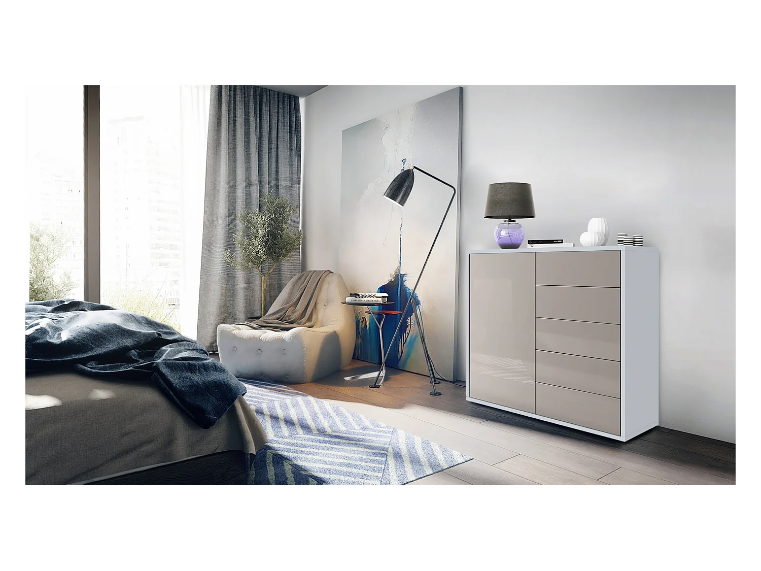 Buffet Ben V2, Commode avec 1 portes et 5 tiroirs, Blanc mat/Gris sable haute brillance (79 x 74 x 36 cm)