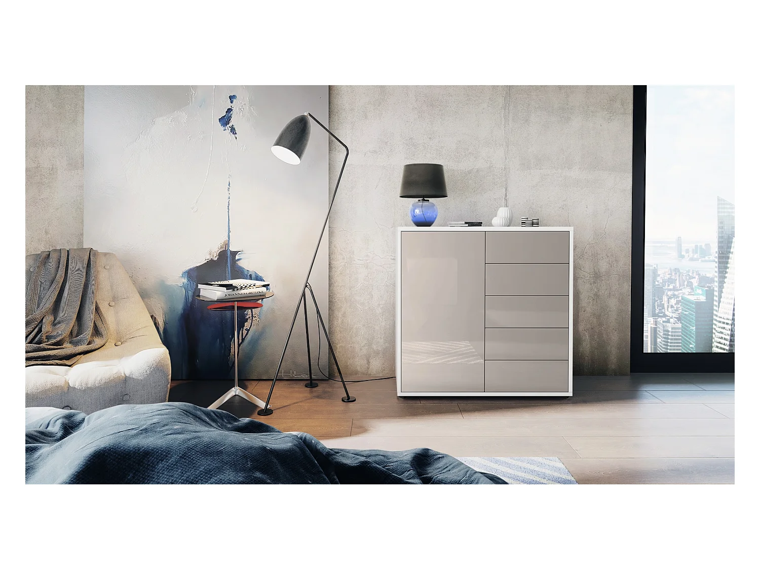 Buffet Ben V2, Commode avec 1 portes et 5 tiroirs, Blanc mat/Gris sable haute brillance (79 x 74 x 36 cm)