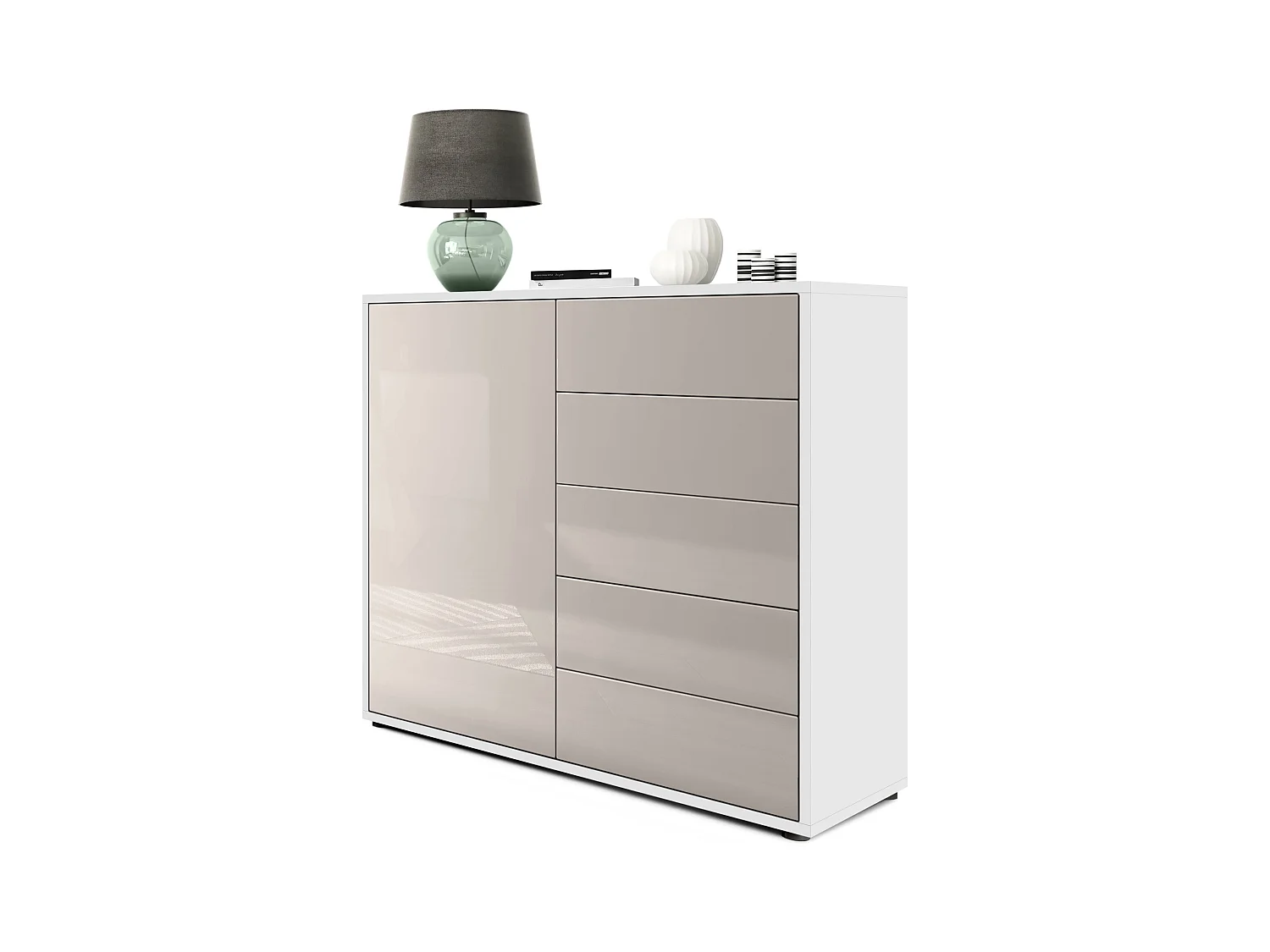 Buffet Ben V2, Commode avec 1 portes et 5 tiroirs, Blanc mat/Gris sable haute brillance (79 x 74 x 36 cm)