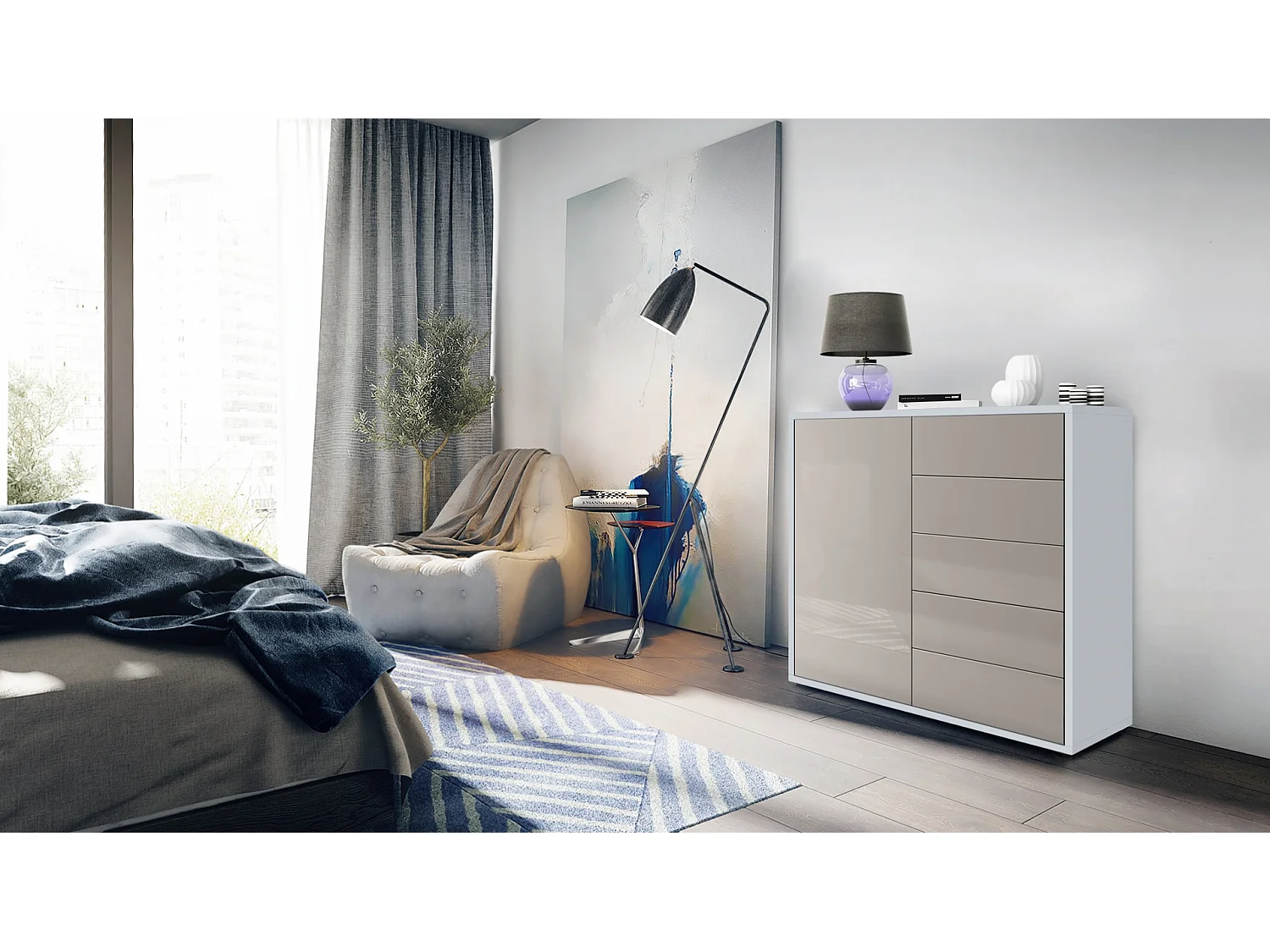 Buffet Ben V2, Commode avec 1 portes et 5 tiroirs, Blanc mat/Gris sable haute brillance (79 x 74 x 36 cm)