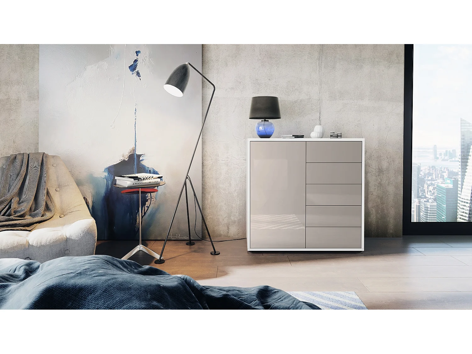 Buffet Ben V2, Commode avec 1 portes et 5 tiroirs, Blanc mat/Gris sable haute brillance (79 x 74 x 36 cm)