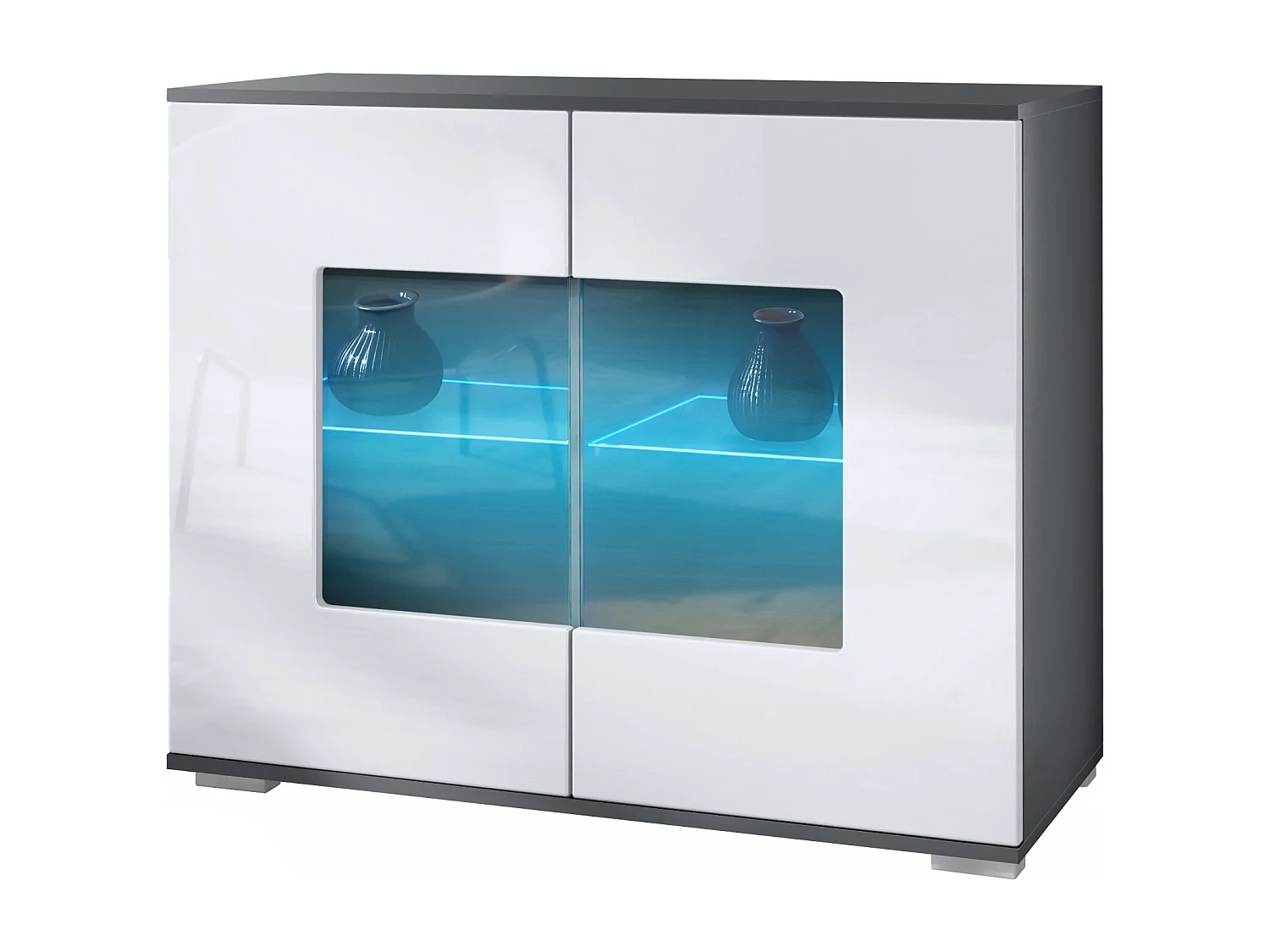 Commode Grömitz V3, Armoire de cuisine moderne avec 2 grandes portes vitrées incl. éclairage RGB anthracite mat / blanc haute brillance (92,5 x 75.5 x 35)