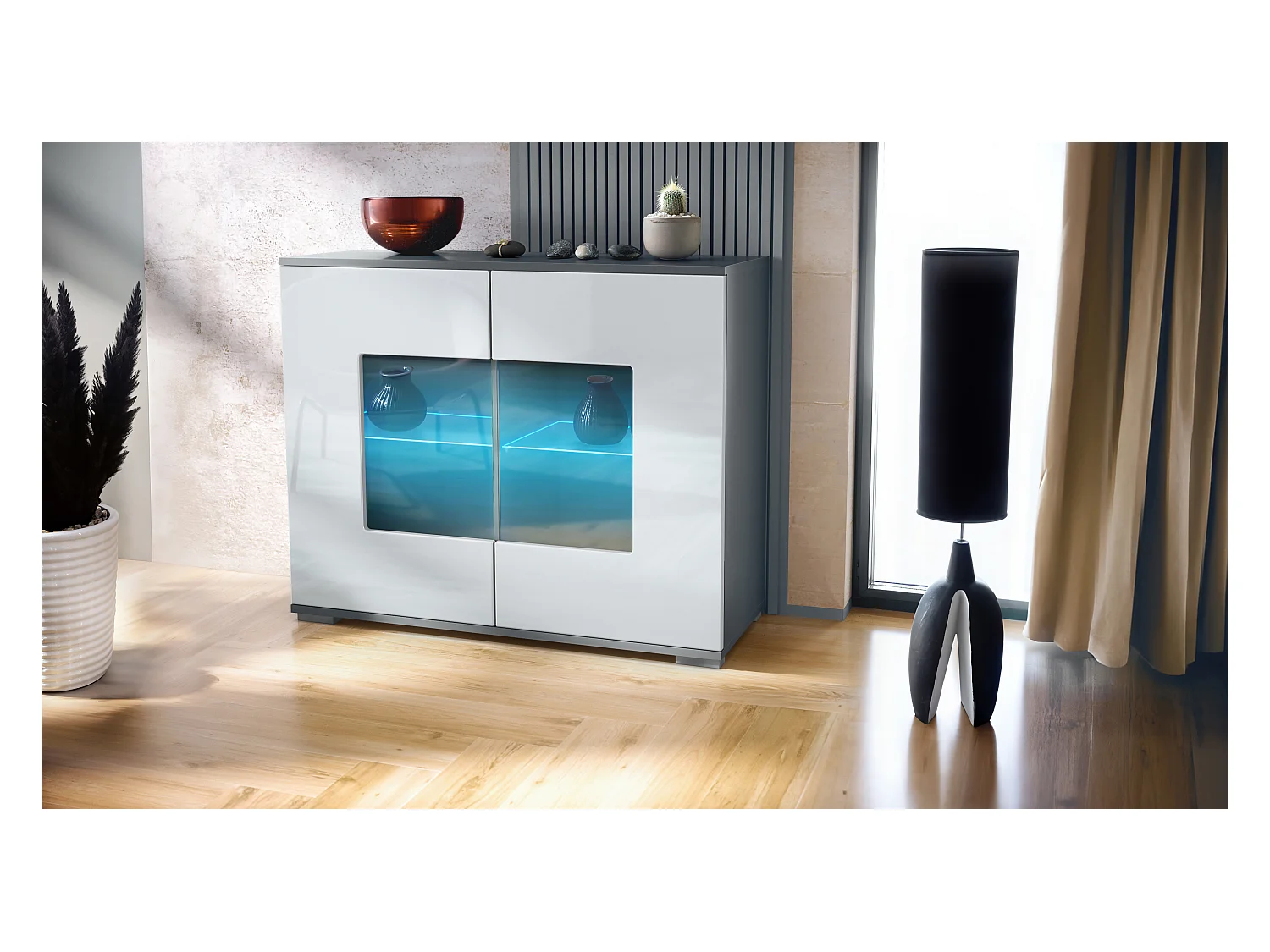 Commode Grömitz V3, Armoire de cuisine moderne avec 2 grandes portes vitrées incl. éclairage RGB anthracite mat / blanc haute brillance (92,5 x 75.5 x 35)