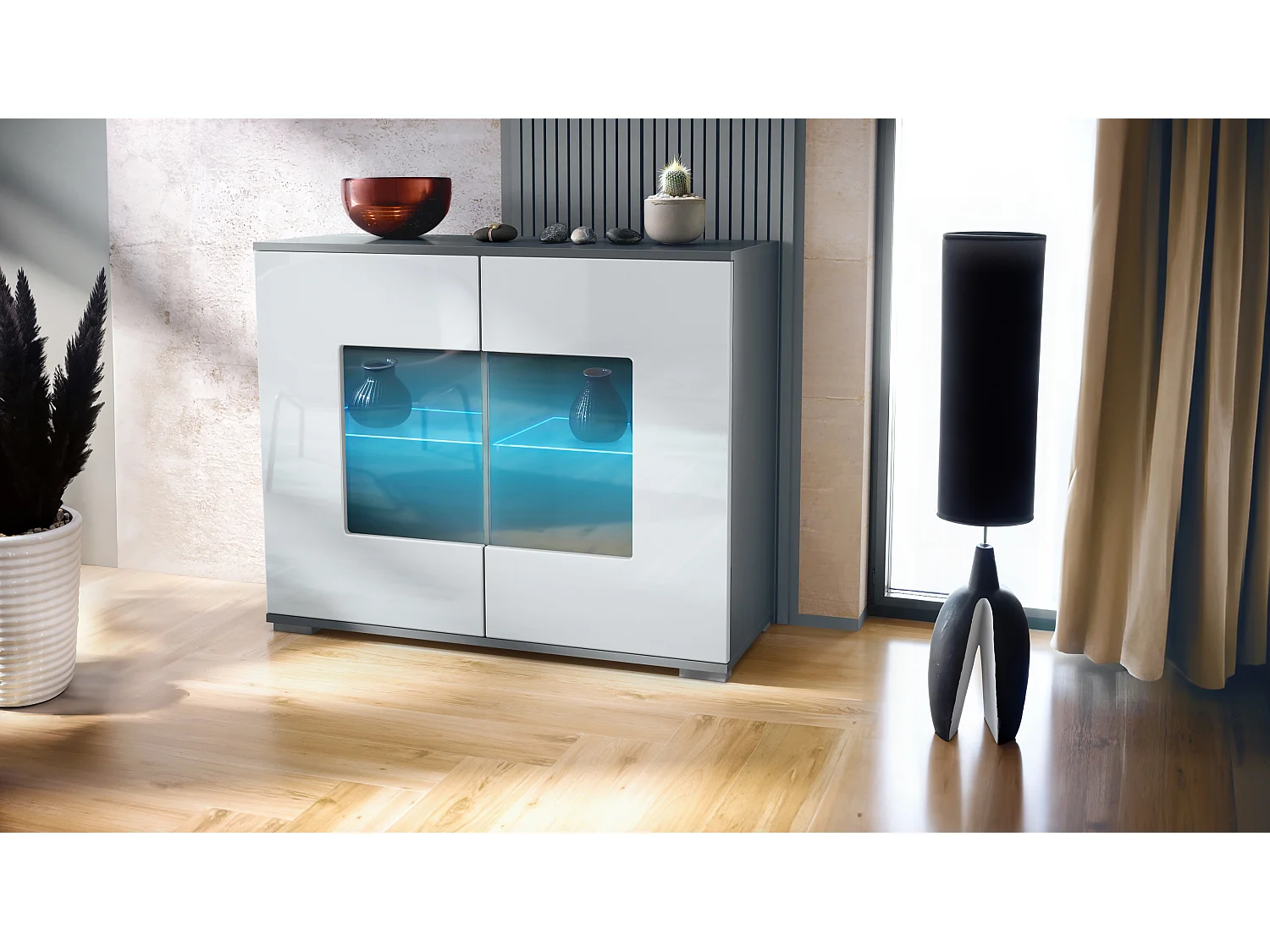 Cómoda Grömitz V3, Moderno armario de cocina con 2 grandes puertas de cristal incl. iluminación RGB antracita mate / blanco de alto brillo (92,5 x 75.5 x 35)