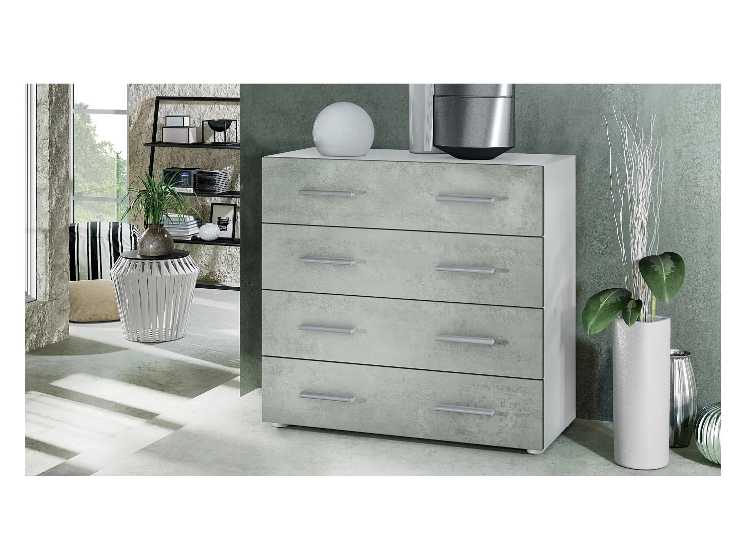Buffet Pavos, Commode avec 4 tiroirs, blanc mat/aspect béton oxyde (76 x 72 x 35 cm)