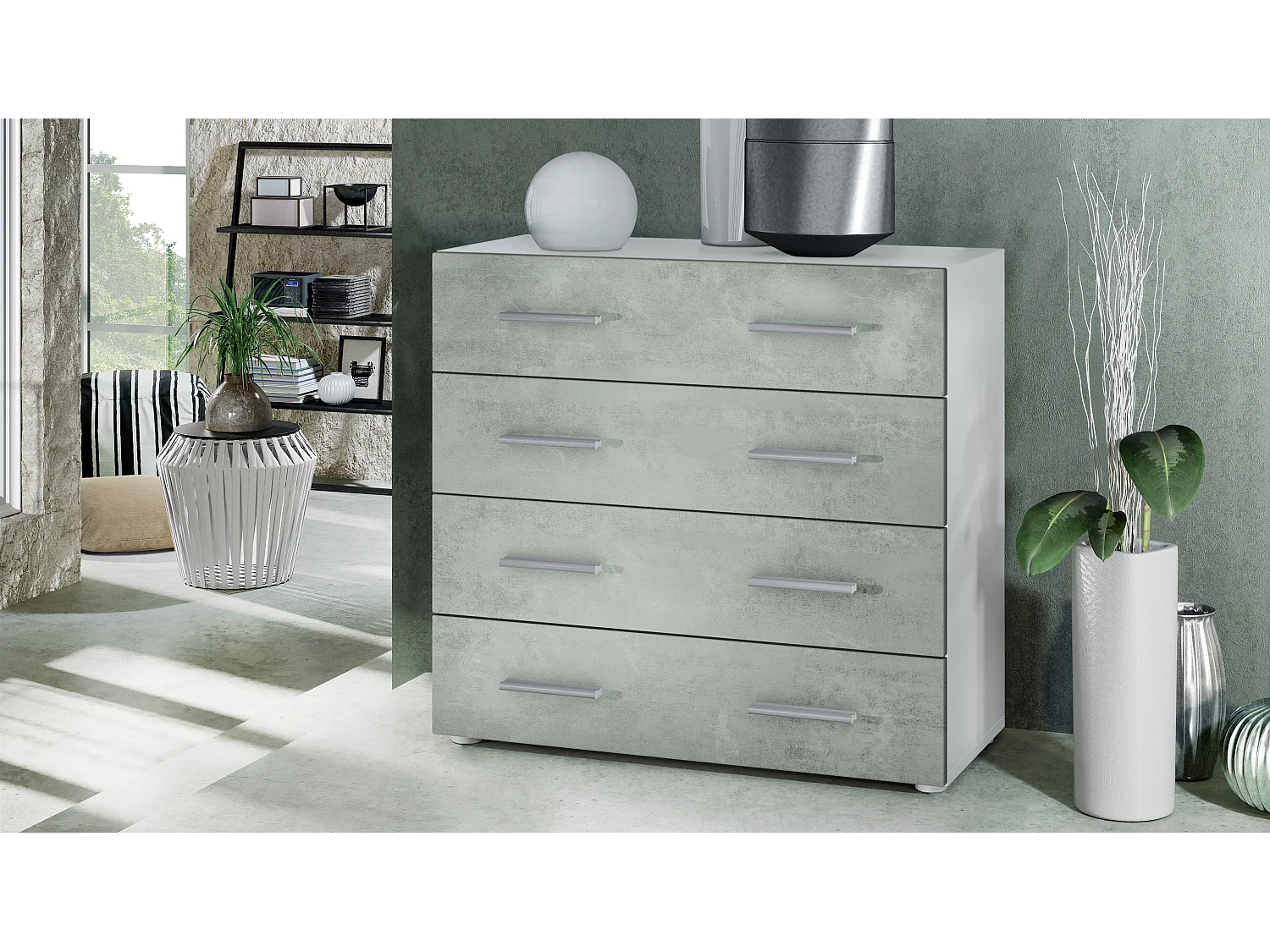 Vladon Madia Pavos, mobile con 4 cassetti, bianco opaco/ottica cermento ossido (76 x 72 x 35 cm)