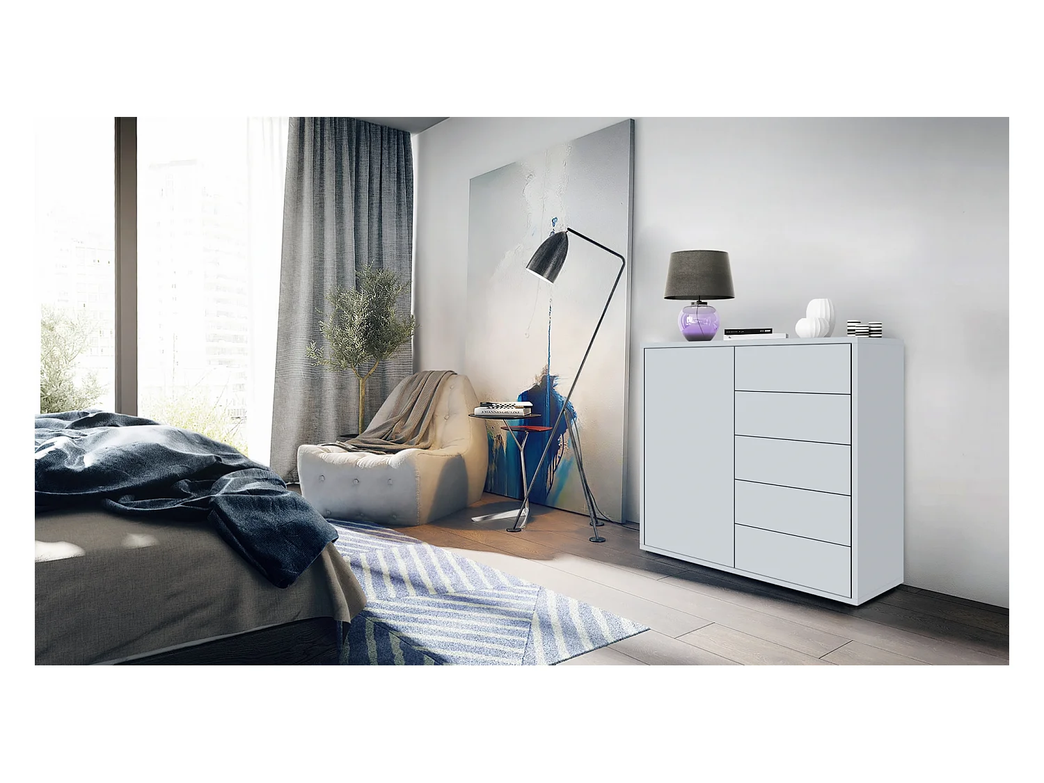 Buffet Ben V2, Commode avec 1 portes et 5 tiroirs, Blanc mat/Blanc mat (79 x 74 x 36 cm)