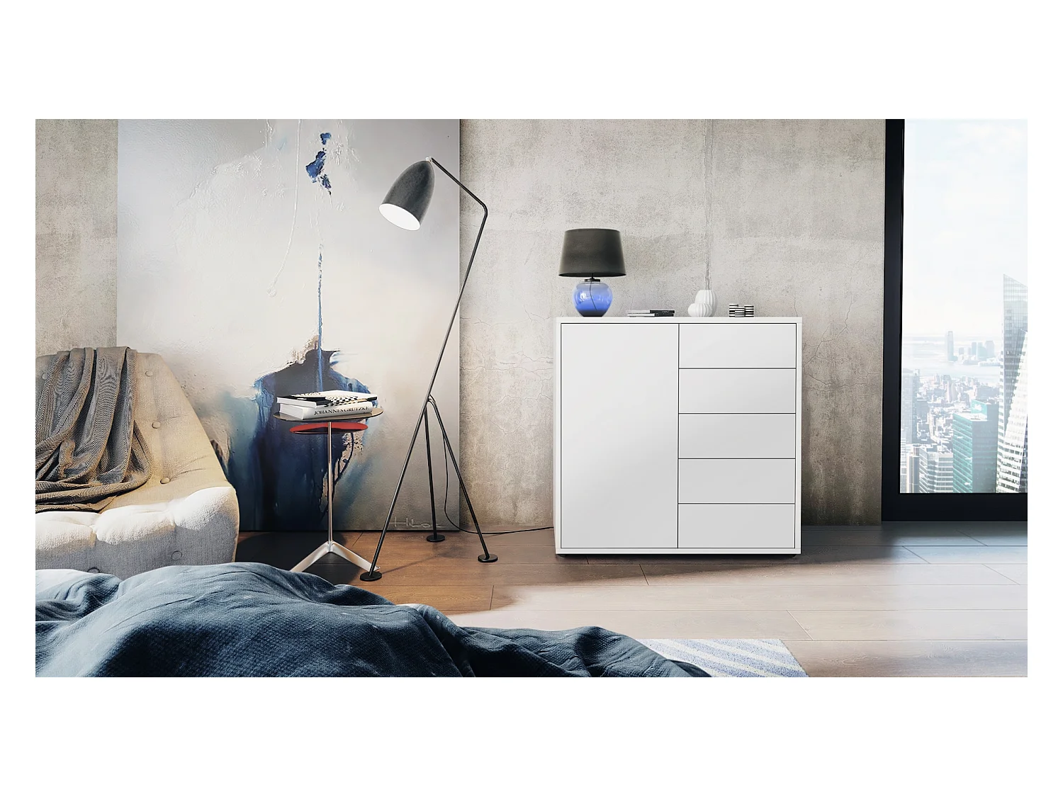 Buffet Ben V2, Commode avec 1 portes et 5 tiroirs, Blanc mat/Blanc mat (79 x 74 x 36 cm)