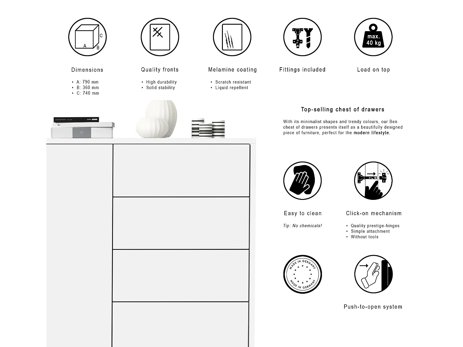 Buffet Ben V2, Commode avec 1 portes et 5 tiroirs, Blanc mat/Blanc mat (79 x 74 x 36 cm)