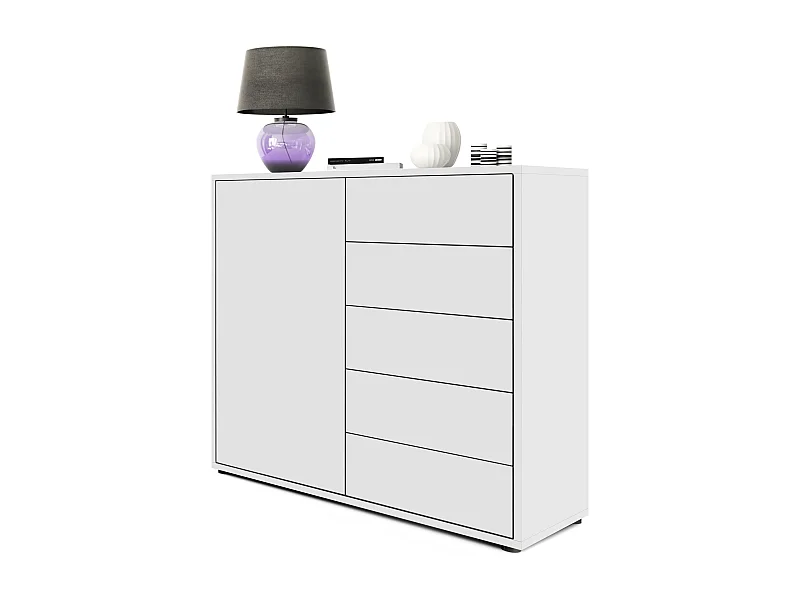 Buffet Ben V2, Commode avec 1 portes et 5 tiroirs, Blanc mat/Blanc mat (79 x 74 x 36 cm)