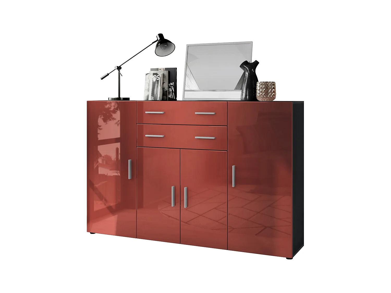 Le Buffet Haut Aron bahut avec 2 tiroirs et 4 portes avec un total de 8 compartiments derrière, anthracite mat/bordeaux haute brillance (166,5 x 106,5 x 35 cm)