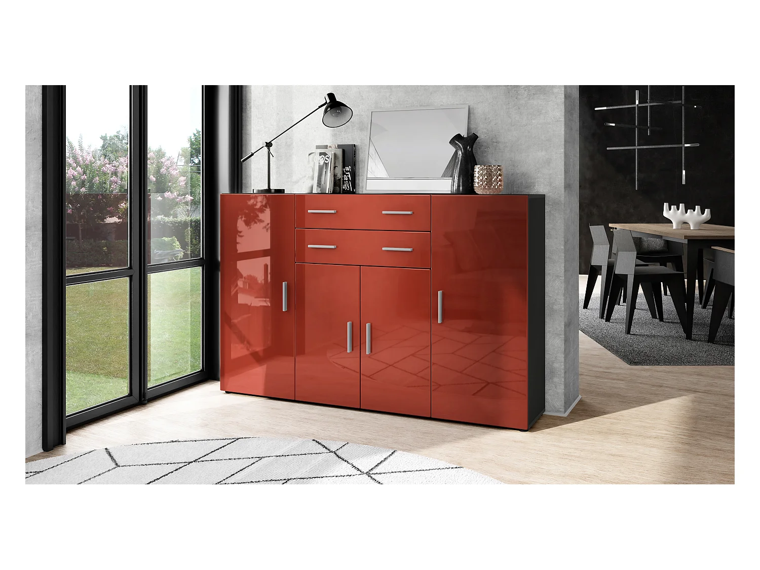 Le Buffet Haut Aron bahut avec 2 tiroirs et 4 portes avec un total de 8 compartiments derrière, anthracite mat/bordeaux haute brillance (166,5 x 106,5 x 35 cm)