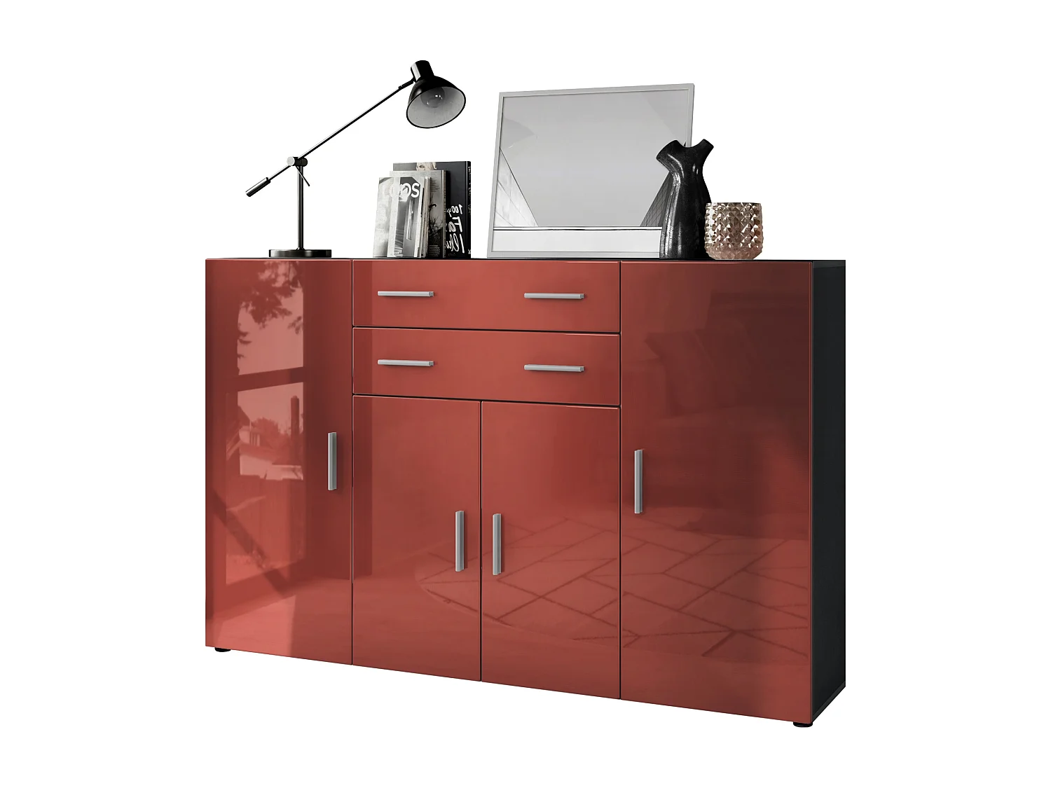 Highboard Aron Sideboard with 2 drawers and 4 doors with a total of 8 compartments behind, antracite opaco /bordeaux lucido (166.5 x 106.5 x 35 cm)