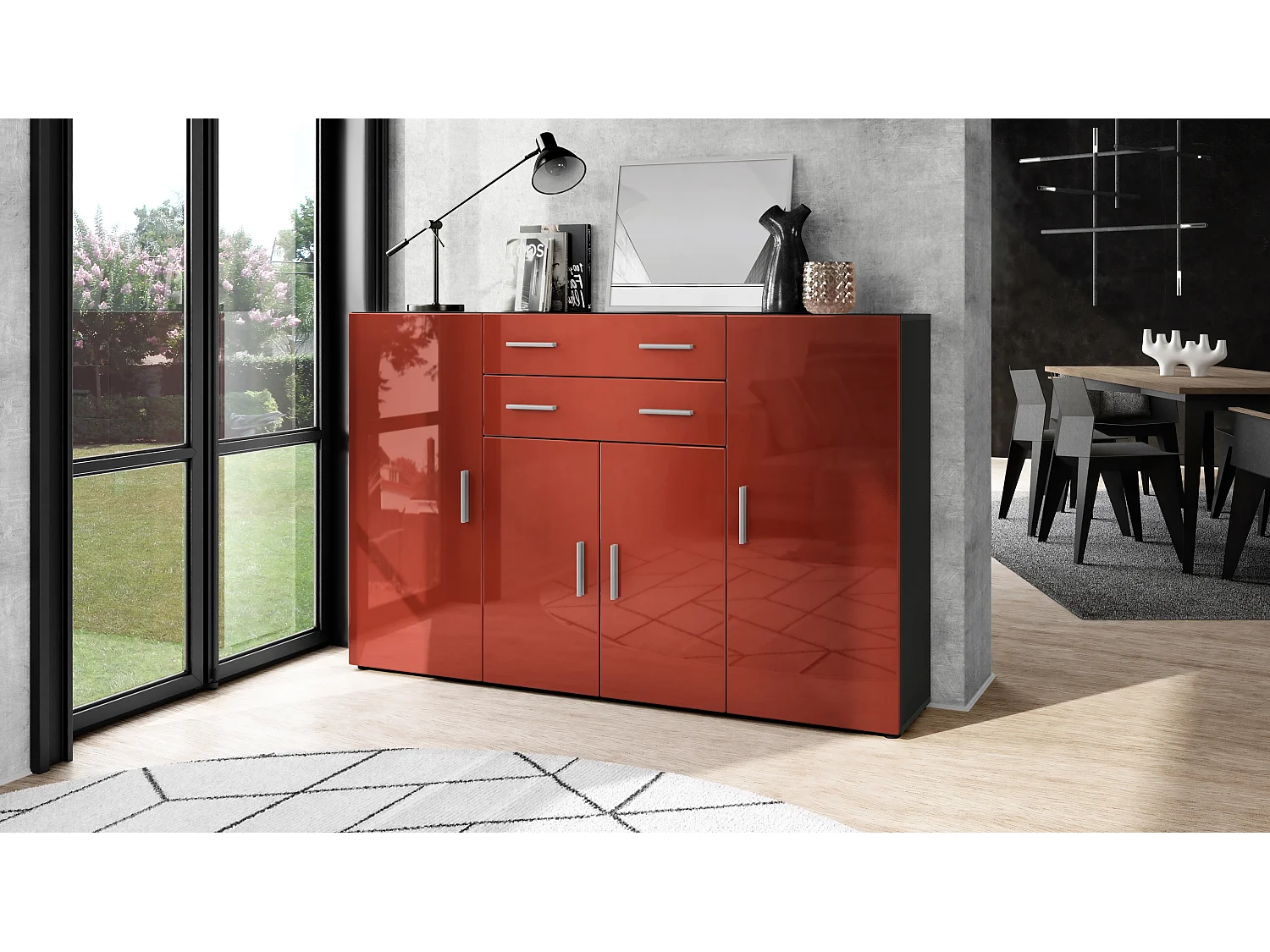 Highboard Aron Sideboard with 2 drawers and 4 doors with a total of 8 compartments behind, antracite opaco /bordeaux lucido (166.5 x 106.5 x 35 cm)