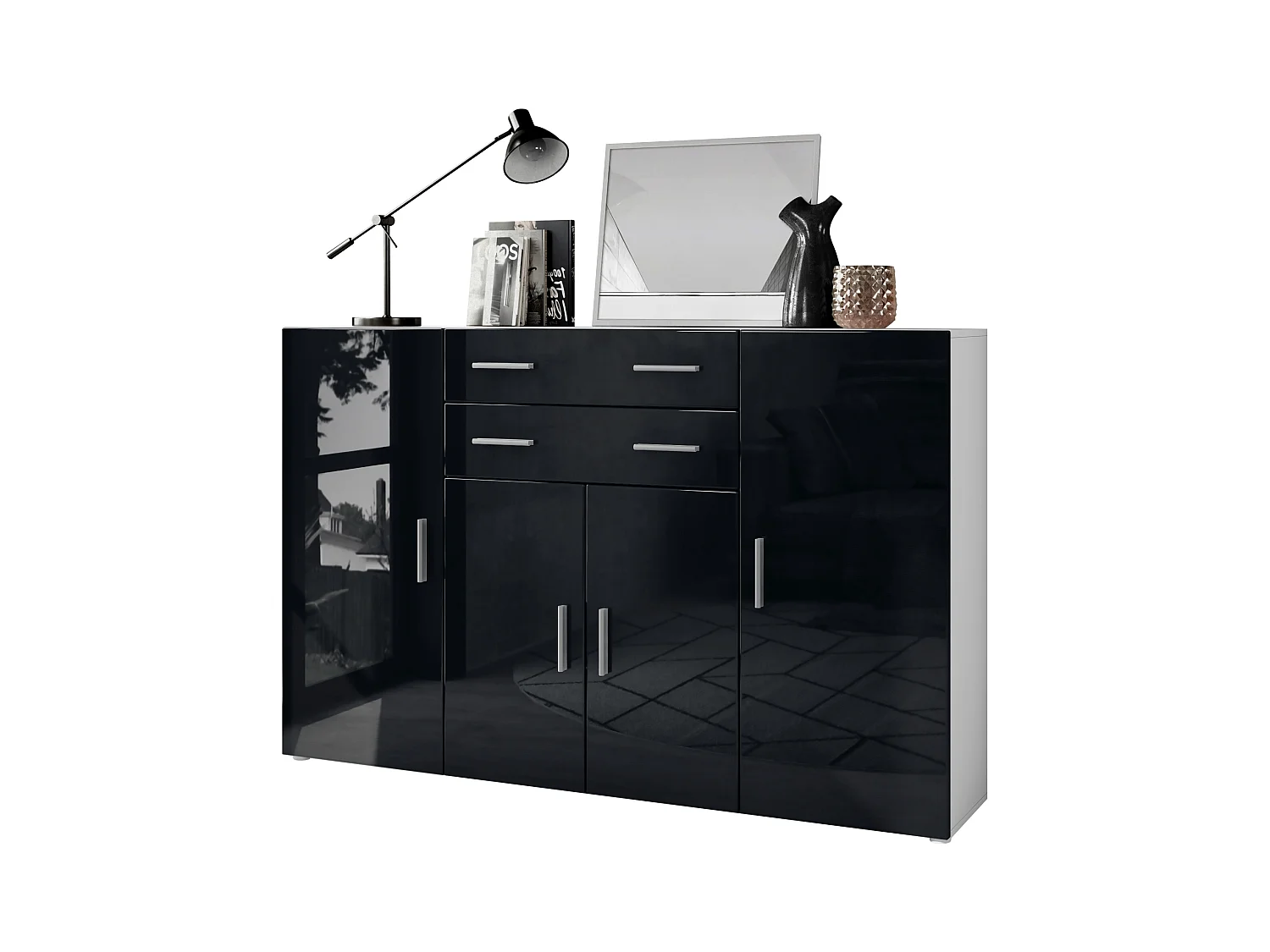 Le Buffet Haut Aron bahut avec 2 tiroirs et 4 portes avec un total de 8 compartiments derrière, blanc mat/noir haute brillance (166,5 x 106,5 x 35 cm)