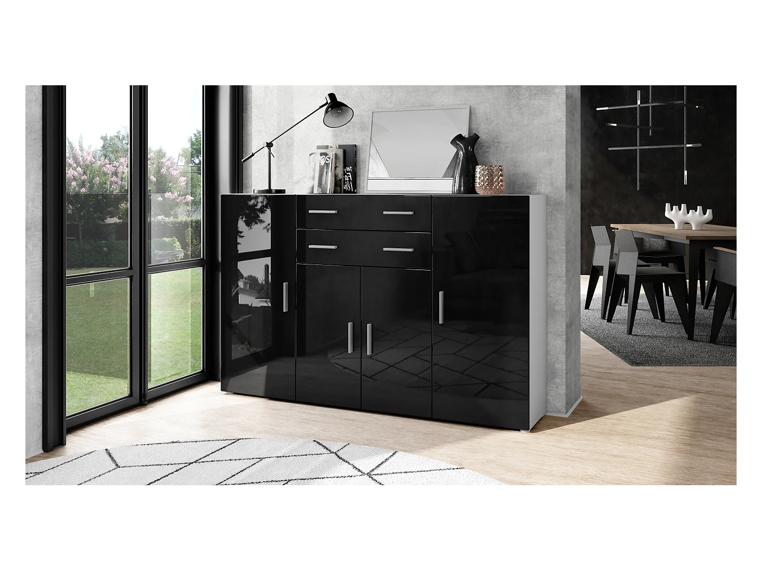 Le Buffet Haut Aron bahut avec 2 tiroirs et 4 portes avec un total de 8 compartiments derrière, blanc mat/noir haute brillance (166,5 x 106,5 x 35 cm)