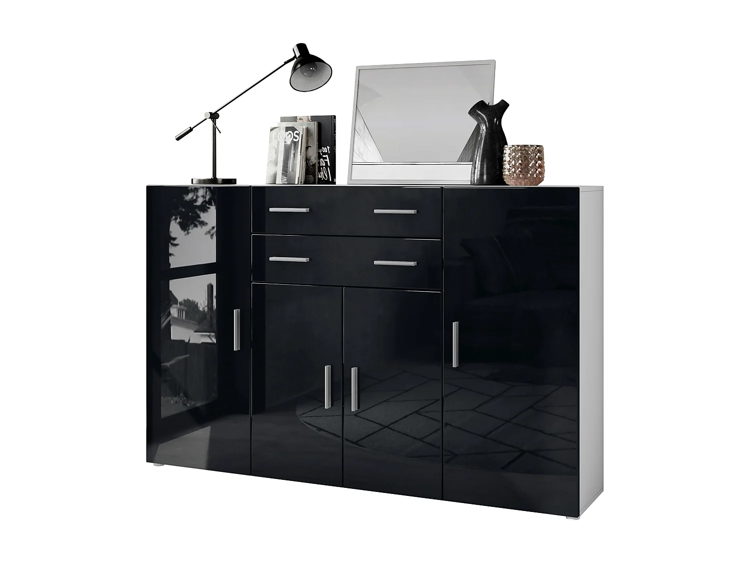 Highboard Aron Sideboard with 2 drawers and 4 doors with a total of 8 compartments behind, bianco opaco/nero lucido (166.5 x 106.5 x 35 cm)
