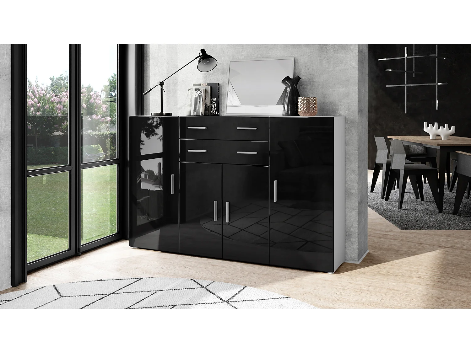 Highboard Aron Sideboard with 2 drawers and 4 doors with a total of 8 compartments behind, bianco opaco/nero lucido (166.5 x 106.5 x 35 cm)