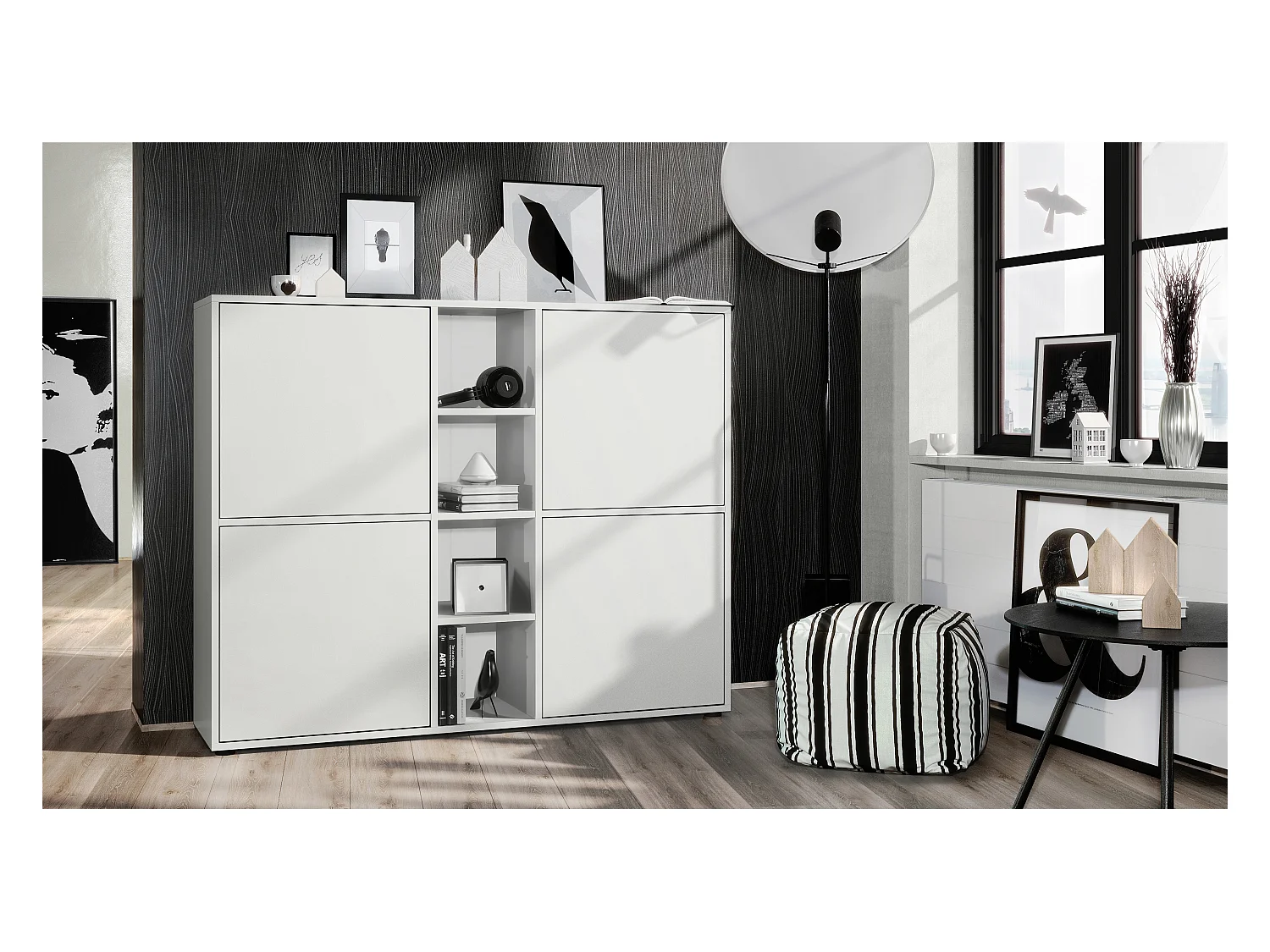 Highboard Cuba V3, blanc mat/blanc mat - Buffet moderne à 12 compartiments (130,5 x 105,5 x 35,5 cm)