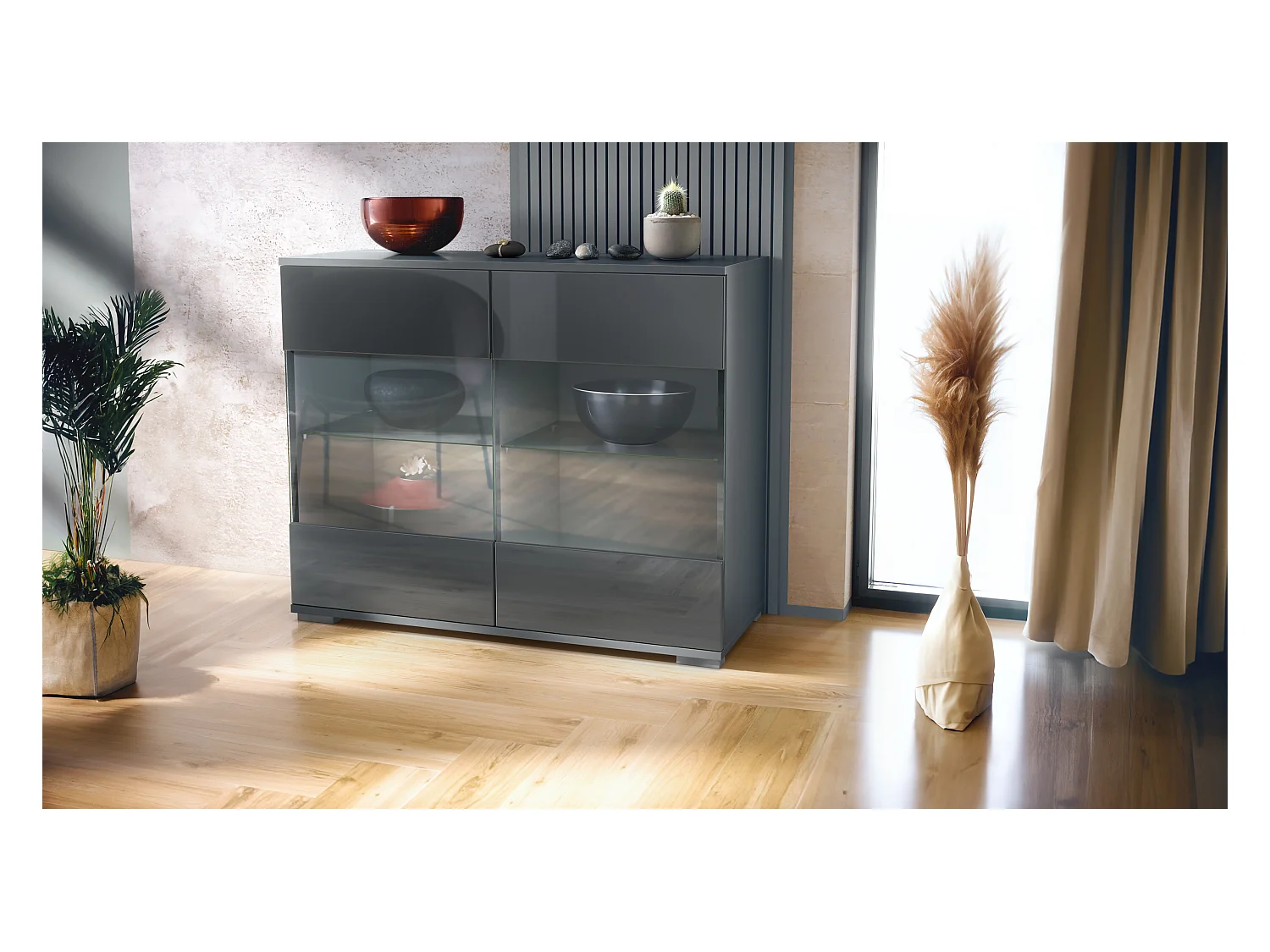 Commode Bari V3, Armoire de cuisine moderne avec 2 grandes portes vitrées anthracite mat / gris haute brillance (92,5 x 75.5 x 35)