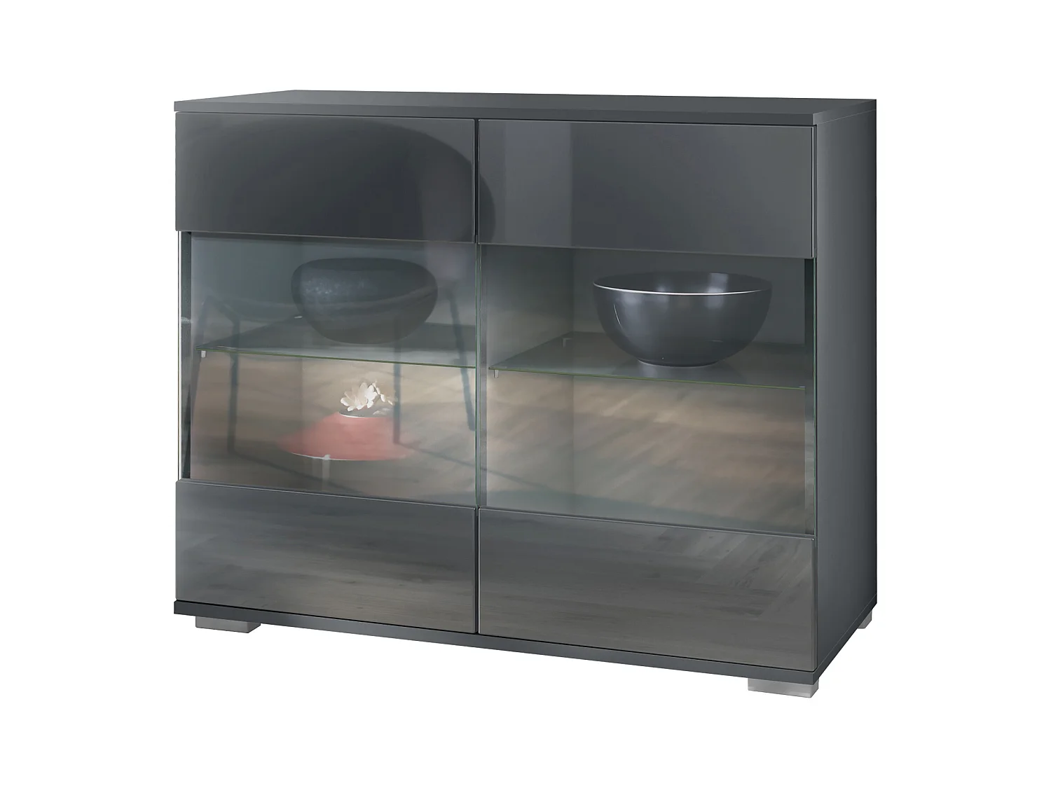 Commode Bari V3, Armoire de cuisine moderne avec 2 grandes portes vitrées anthracite mat / gris haute brillance (92,5 x 75.5 x 35)