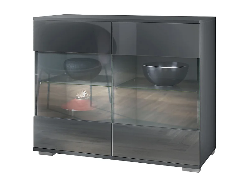 Cassettiera Bari V3, Mobile da cucina moderno con 2 grandi ante in vetro antracite opaco  / grigio lucido (92,5 x 75.5 x 35)