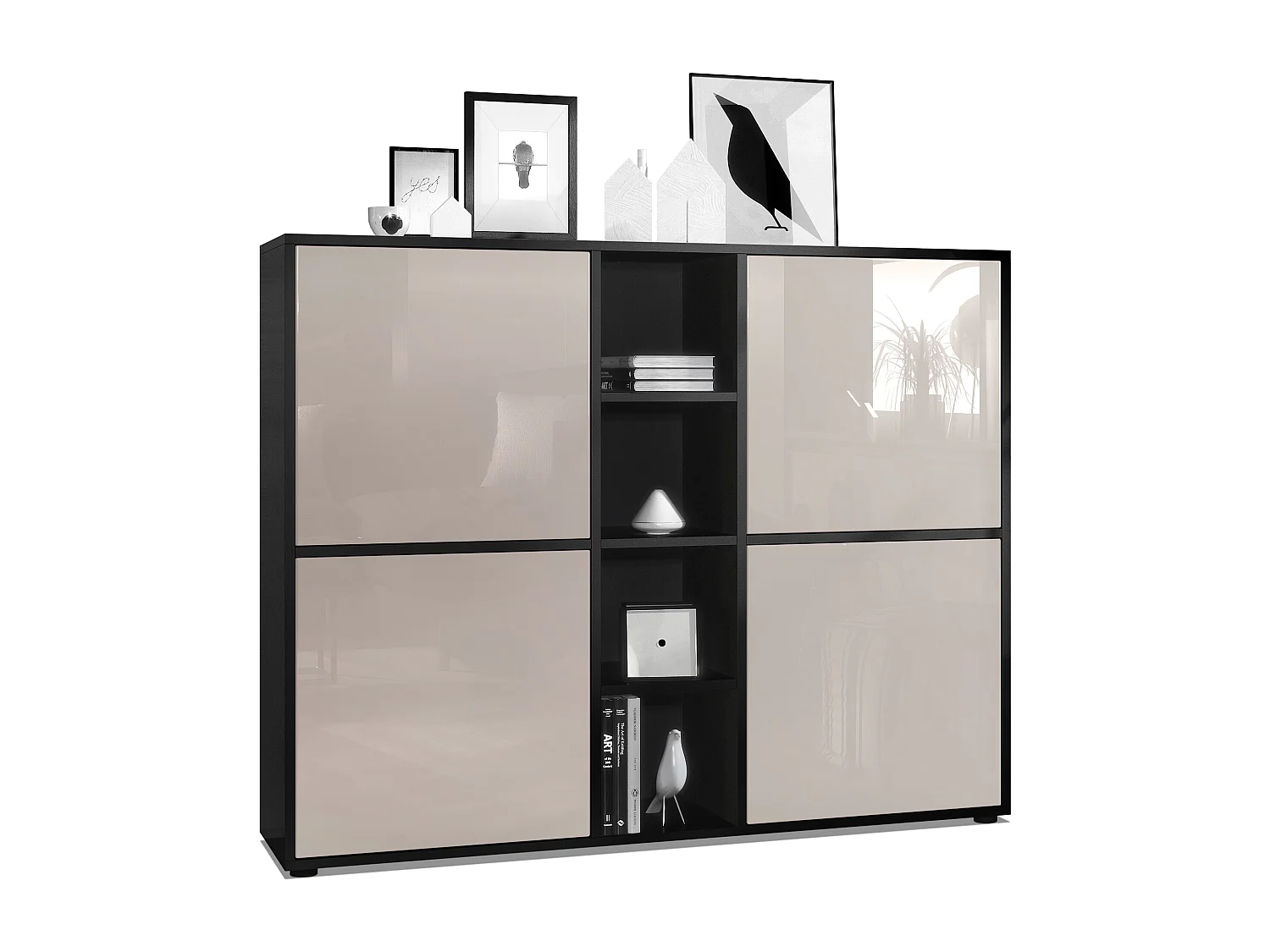 Highboard Cuba V3, noir mat/gris sable haute brillance - Buffet moderne à 12 compartiments (130,5 x 105,5 x 35,5 cm)