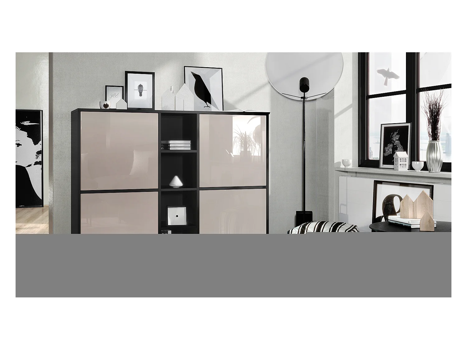 Highboard Cuba V3, noir mat/gris sable haute brillance - Buffet moderne à 12 compartiments (130,5 x 105,5 x 35,5 cm)