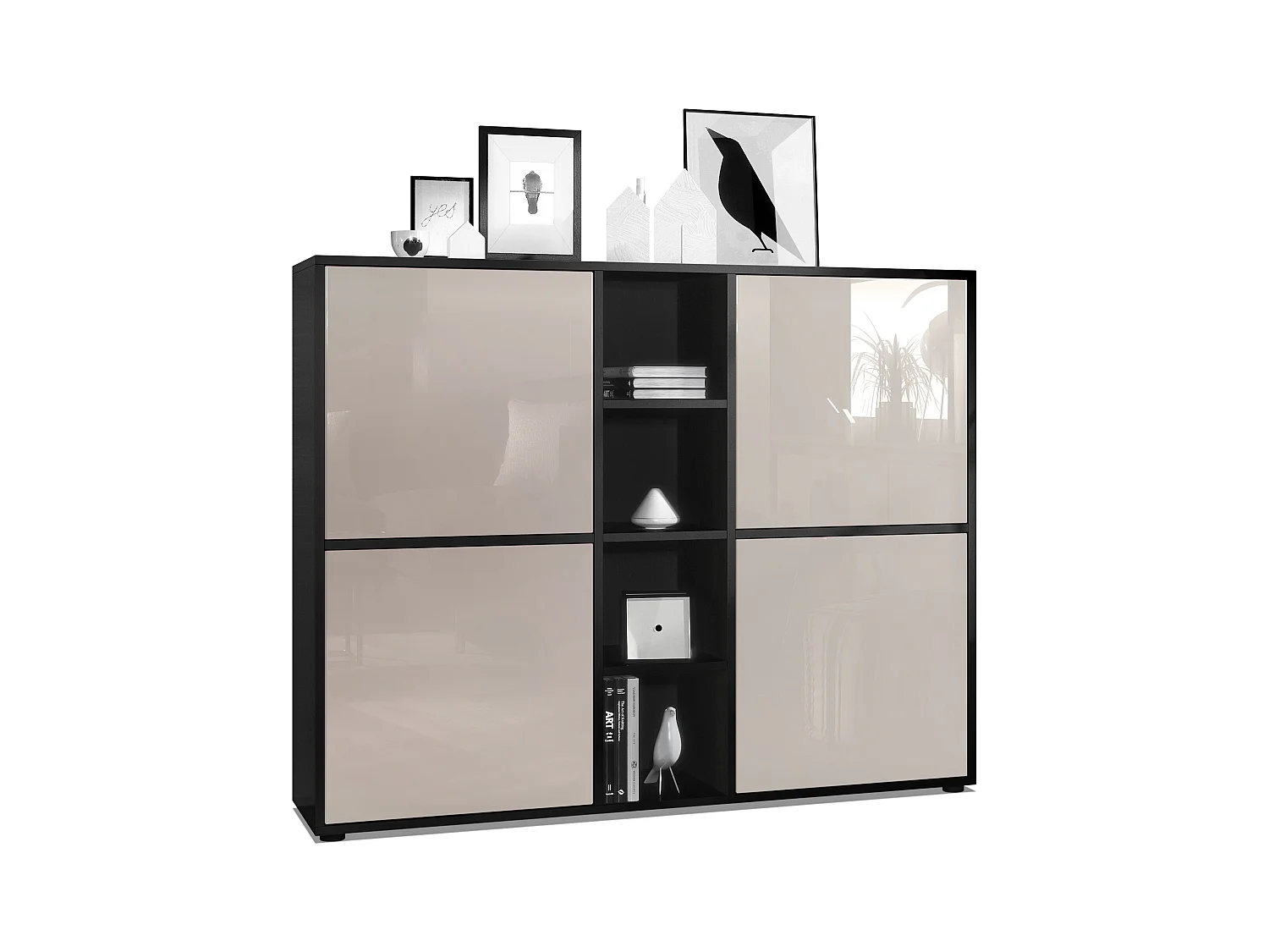 Highboard Cuba V3, noir mat/gris sable haute brillance - Buffet moderne à 12 compartiments (130,5 x 105,5 x 35,5 cm)