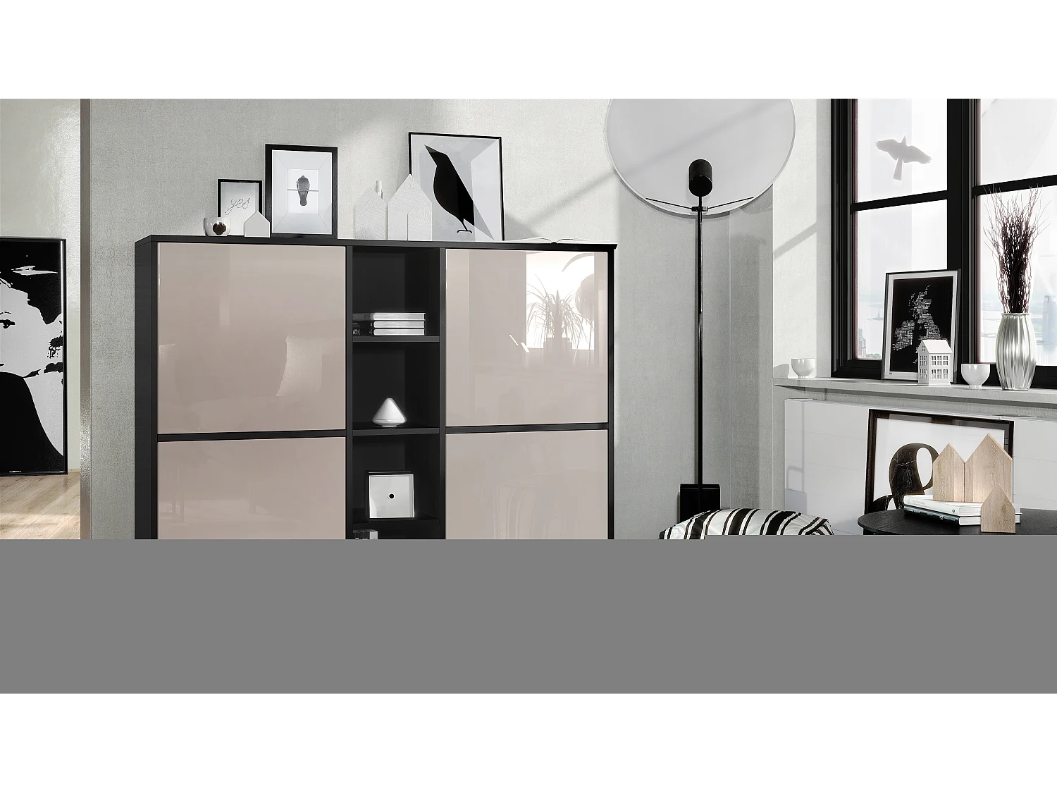 Vladon Credenza Cuba V3, nero opaco/grigio sabbia lucido - Credenza moderna con 12 scomparti (130,5 x 105,5 x 35,5 cm)