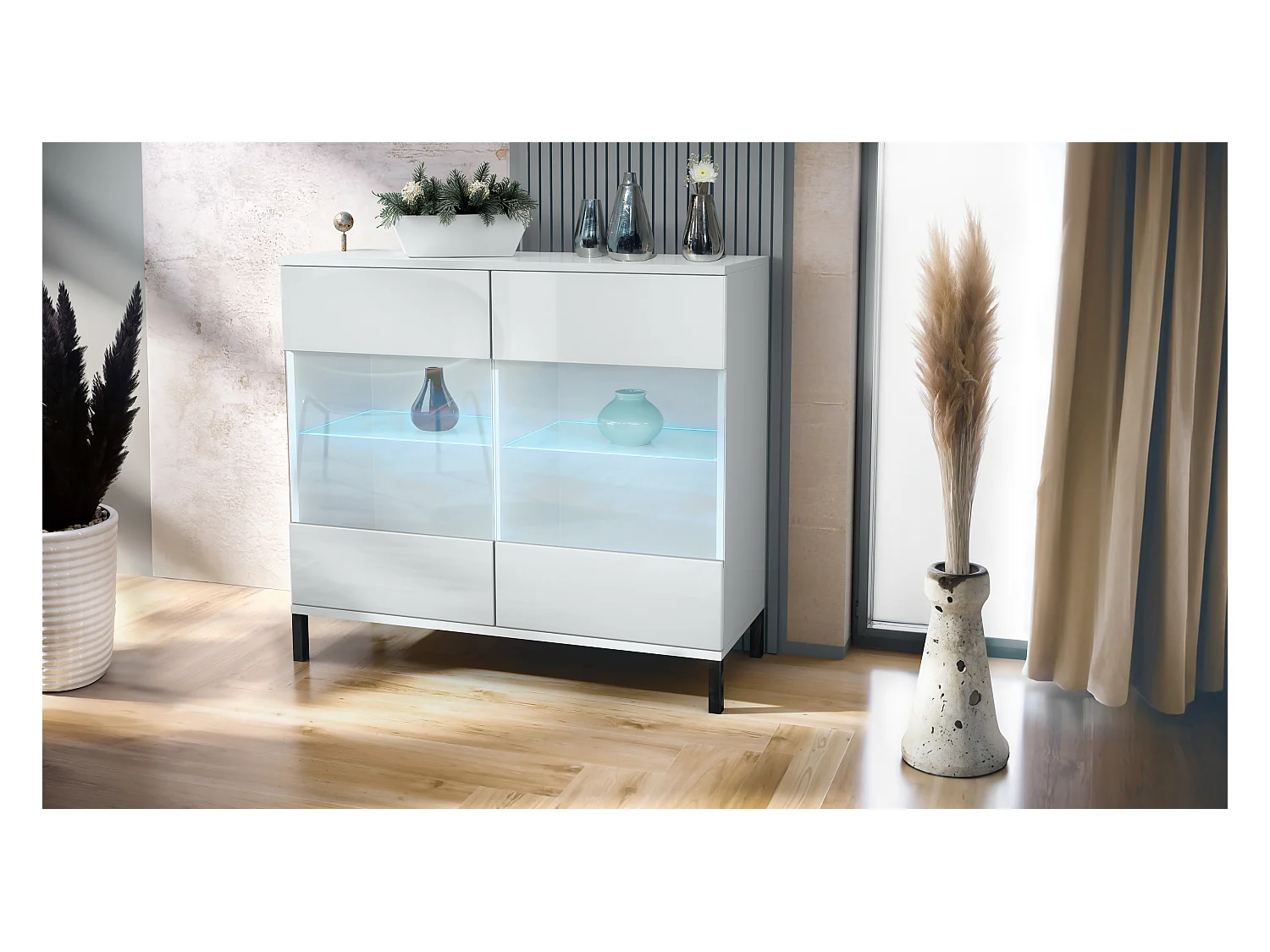 Commode Bari V3, Armoire de cuisine moderne avec 2 grandes portes vitrées incl. éclairage RGB blanc mat / blanc haute brillance (92,5 x 83.5 x 35)