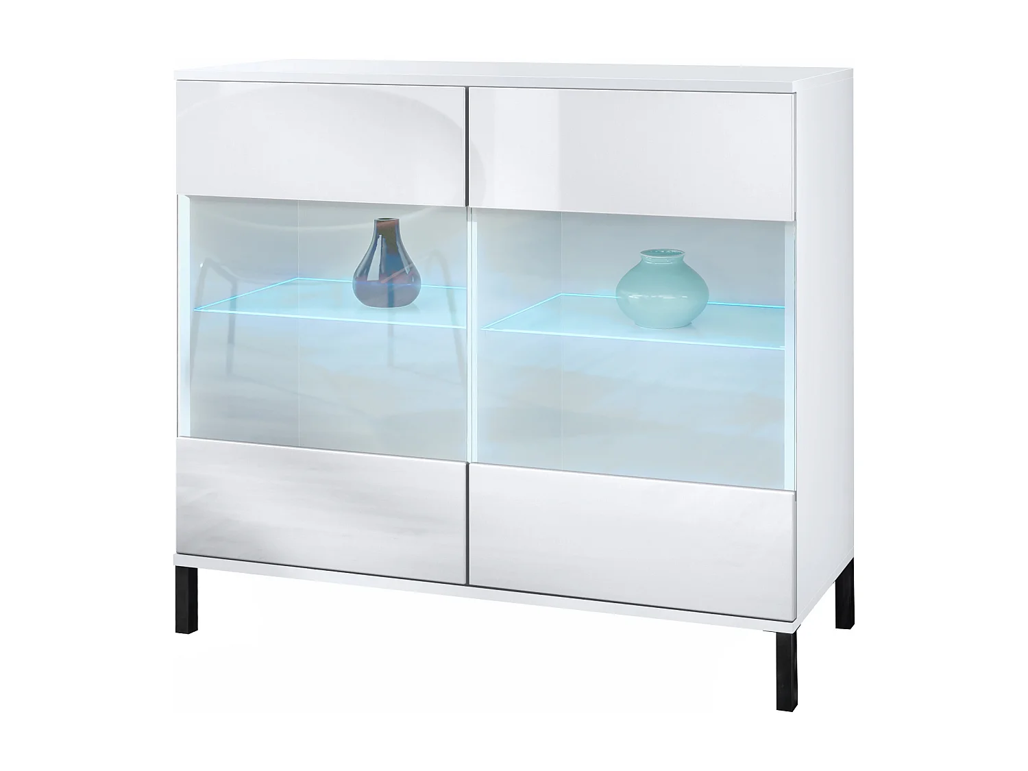 Commode Bari V3, Armoire de cuisine moderne avec 2 grandes portes vitrées incl. éclairage RGB blanc mat / blanc haute brillance (92,5 x 83.5 x 35)