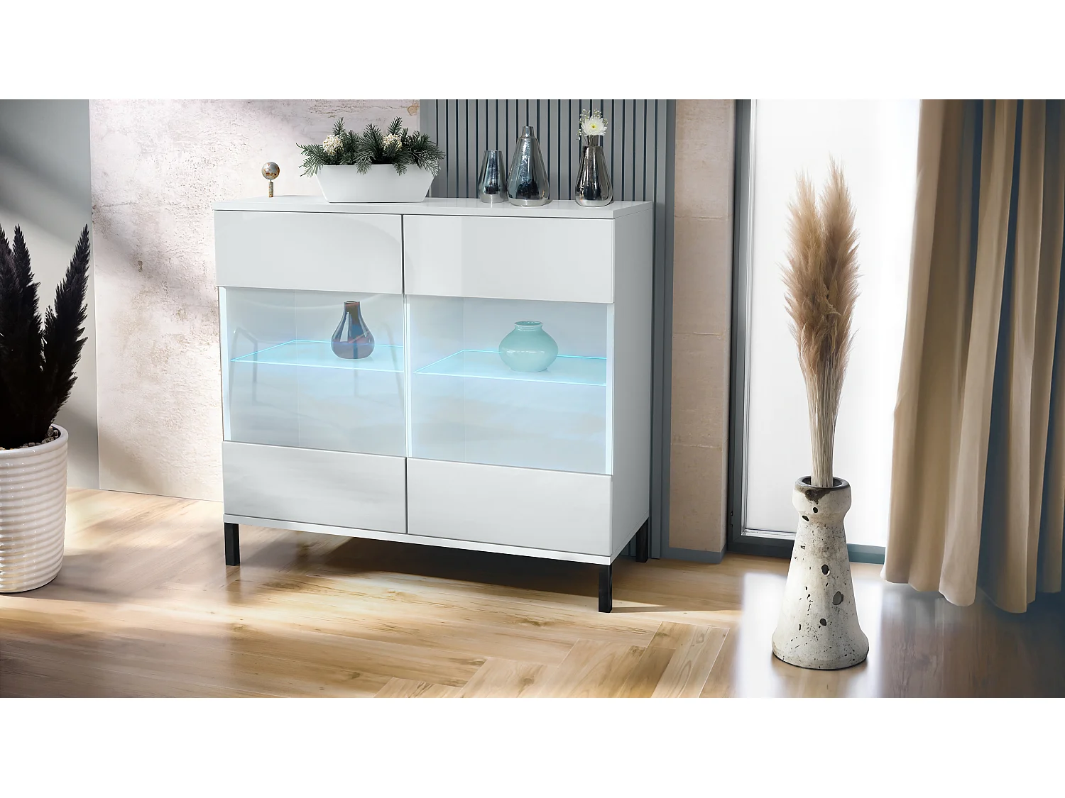 Commode Bari V3, Armoire de cuisine moderne avec 2 grandes portes vitrées incl. éclairage RGB blanc mat / blanc haute brillance (92,5 x 83.5 x 35)