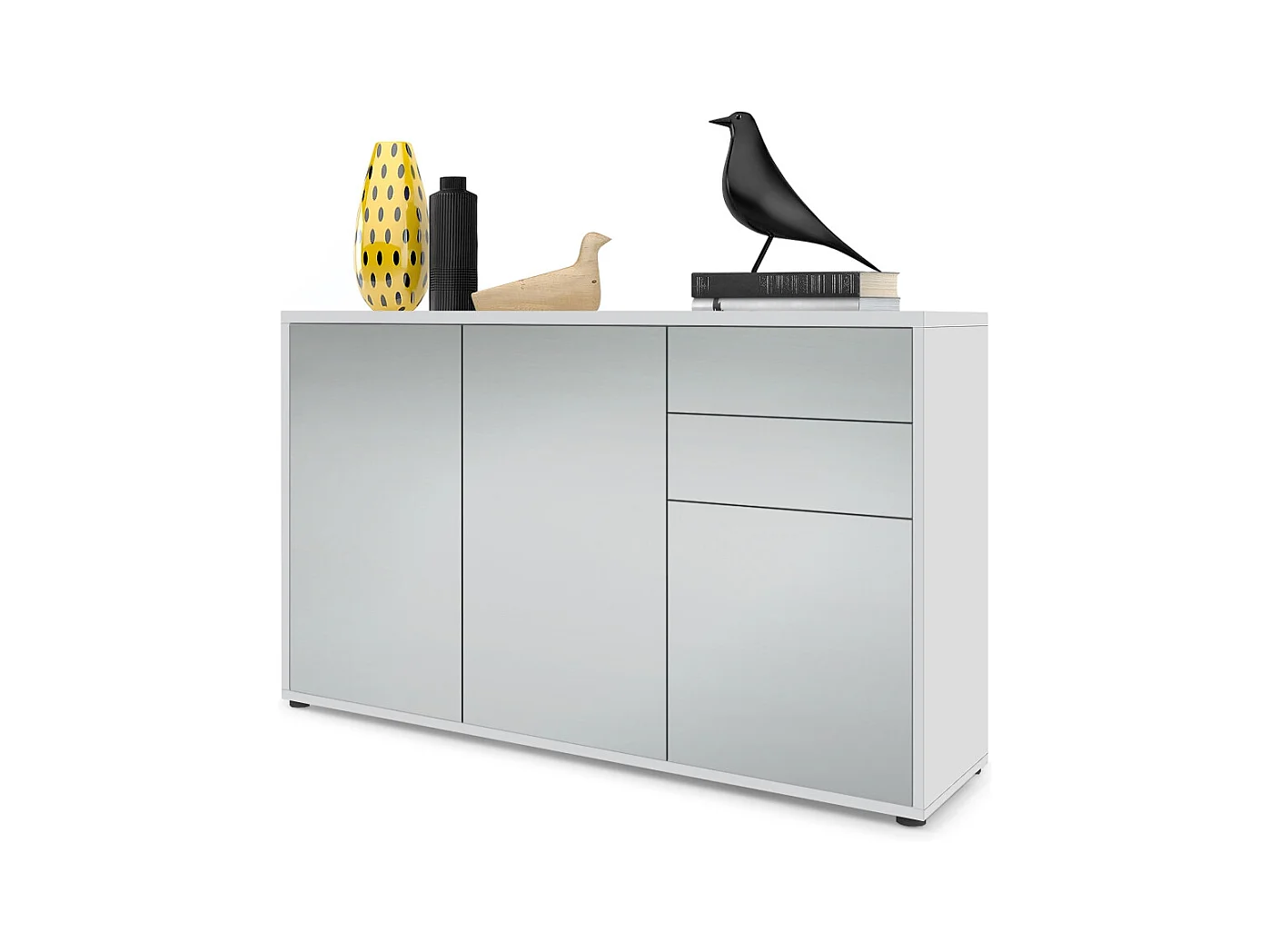 Buffet Ben V3, Commode avec 3 portes et 2 tiroirs, Blanc mat/Gris clair satiné mat (117 x 74 x 36 cm)