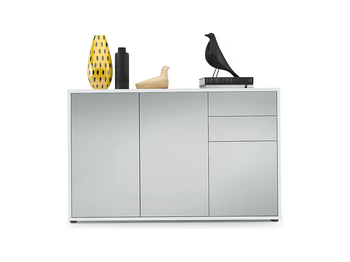 Buffet Ben V3, Commode avec 3 portes et 2 tiroirs, Blanc mat/Gris clair satiné mat (117 x 74 x 36 cm)