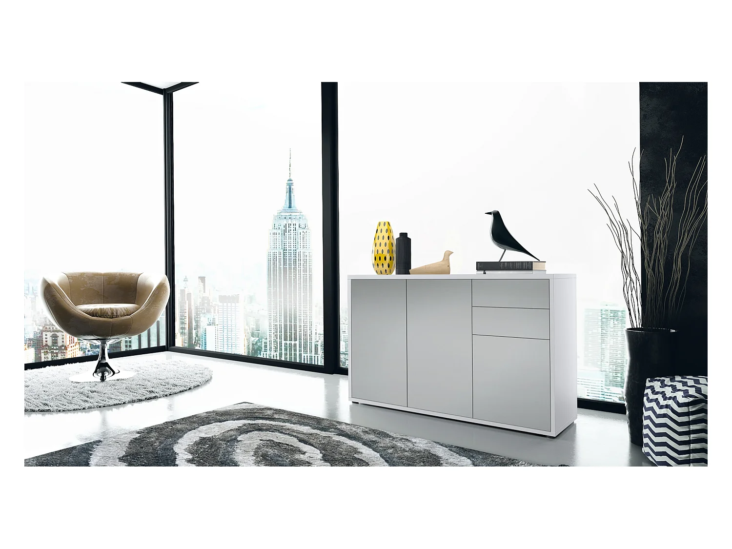 Buffet Ben V3, Commode avec 3 portes et 2 tiroirs, Blanc mat/Gris clair satiné mat (117 x 74 x 36 cm)