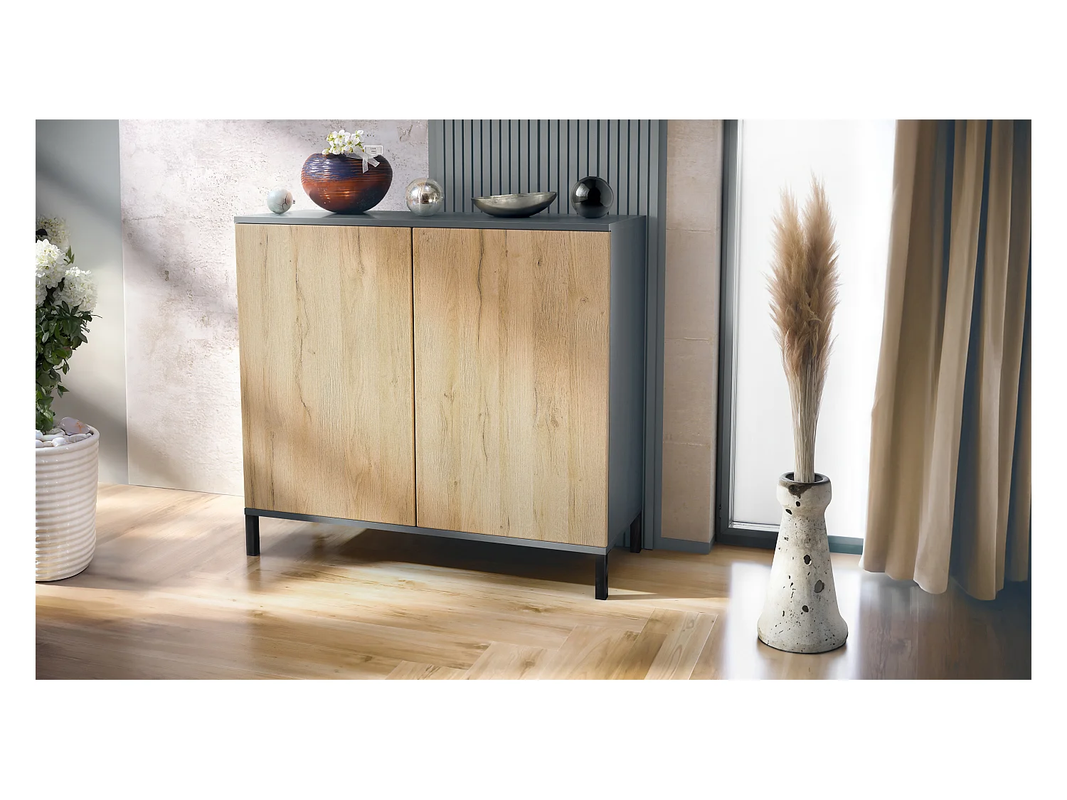 Commode Skadu V3, Buffet de Cuisine Moderne avec 2 Grandes Portes anthracite mat / chêne nature (92,5 x 83.5 x 35)