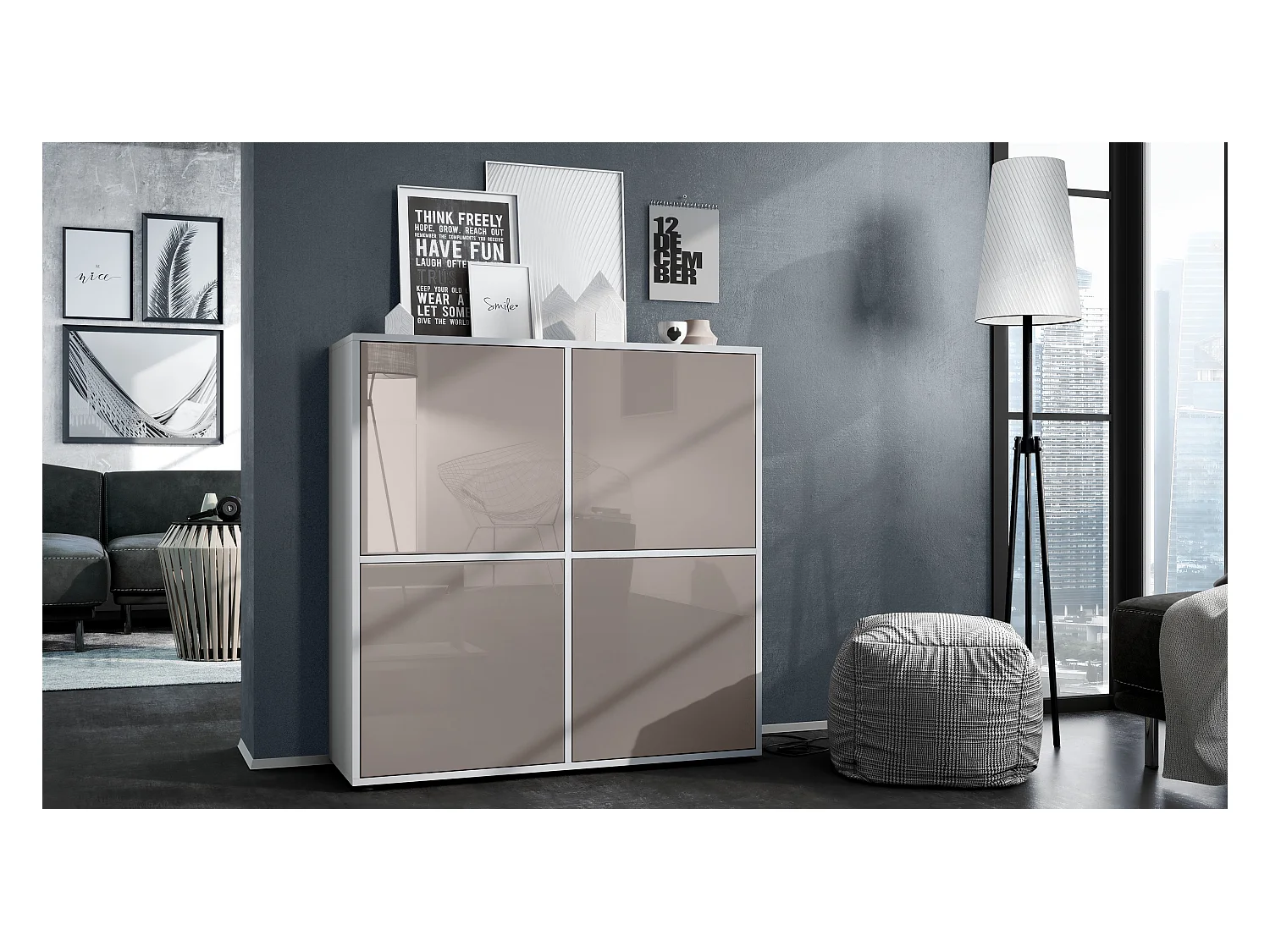 Highboard Cuba V2 Placard 104 x 105,5 x 35,5 cm Buffet à 8 compartiments, caisson en blanc mat / façades en Gris sable laqué haute brillance