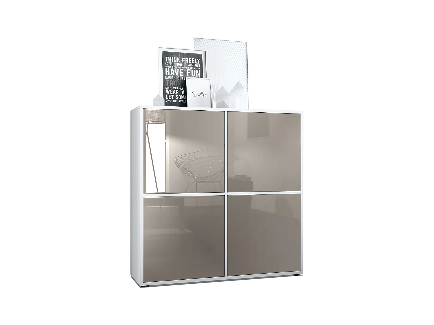 Aramario - Alacena Cuba V2 armario 104 x 105.5 x 35.5 cm armario - alacena con 8 compartimentos, cuerpo en blanco mate frentes en Gris arena de alto brillo