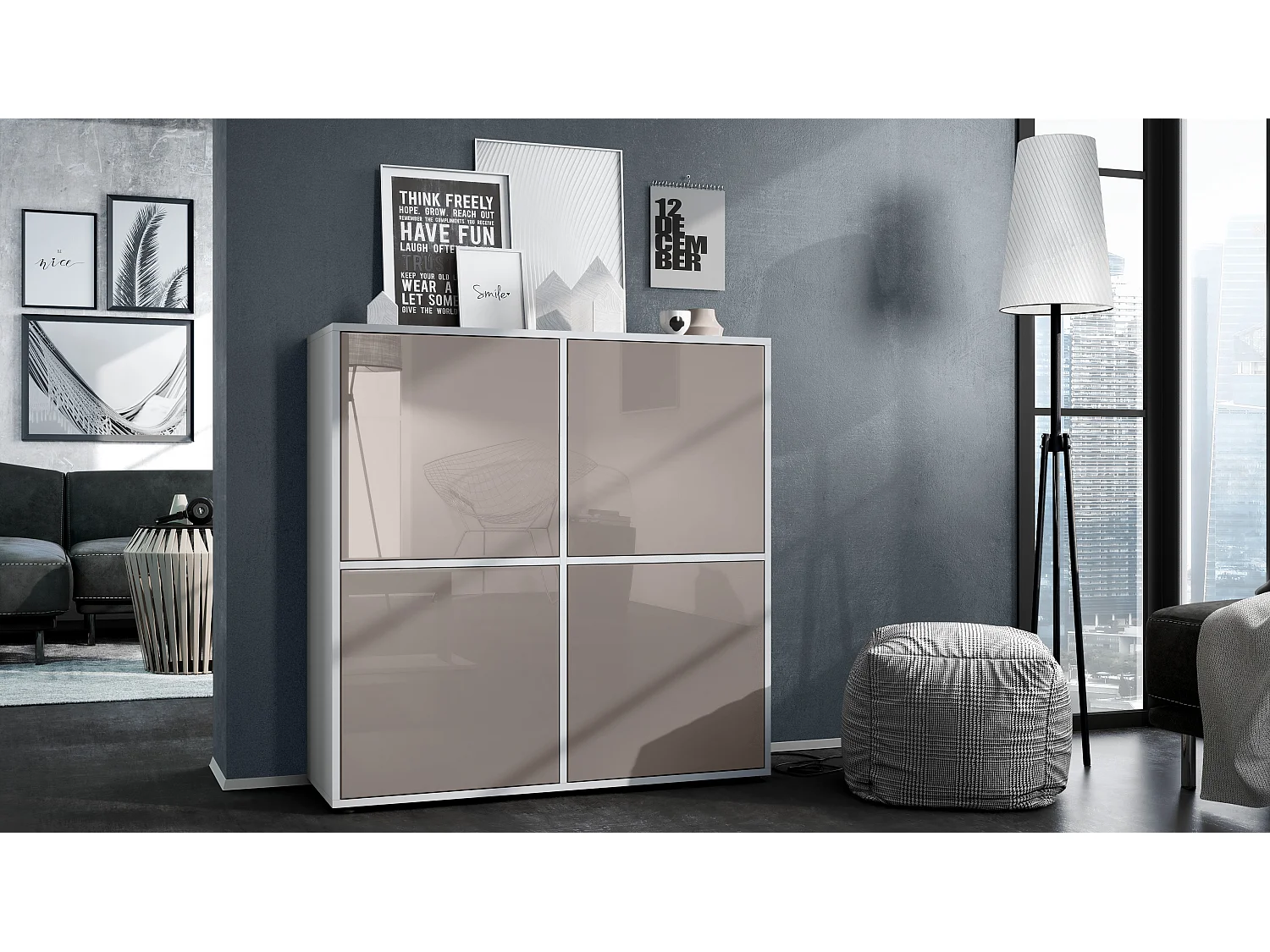 Credenza Cuba V2 Credenza 104 x 105,5 x 35,5 cm Credenza con 8 ripiani, Struttura in bianco opaco / Ante in grigio sabbia lucido